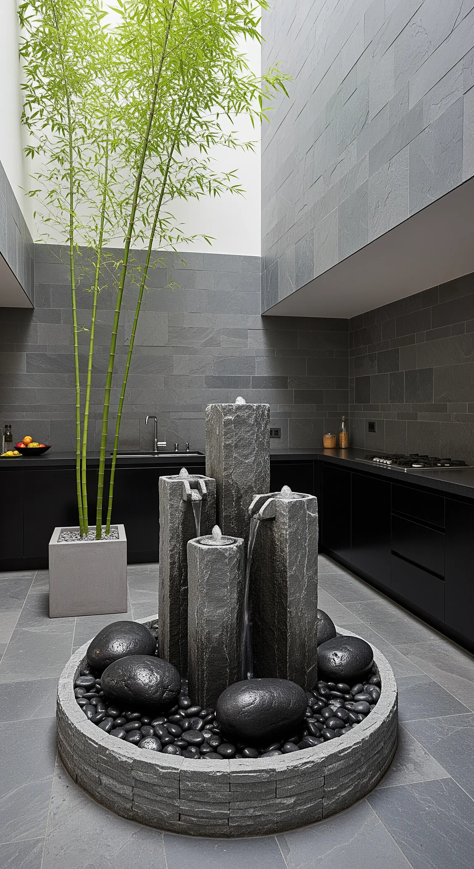 Cucina minimalista con fontana scultorea centrale composta da pilastri in ardesia.