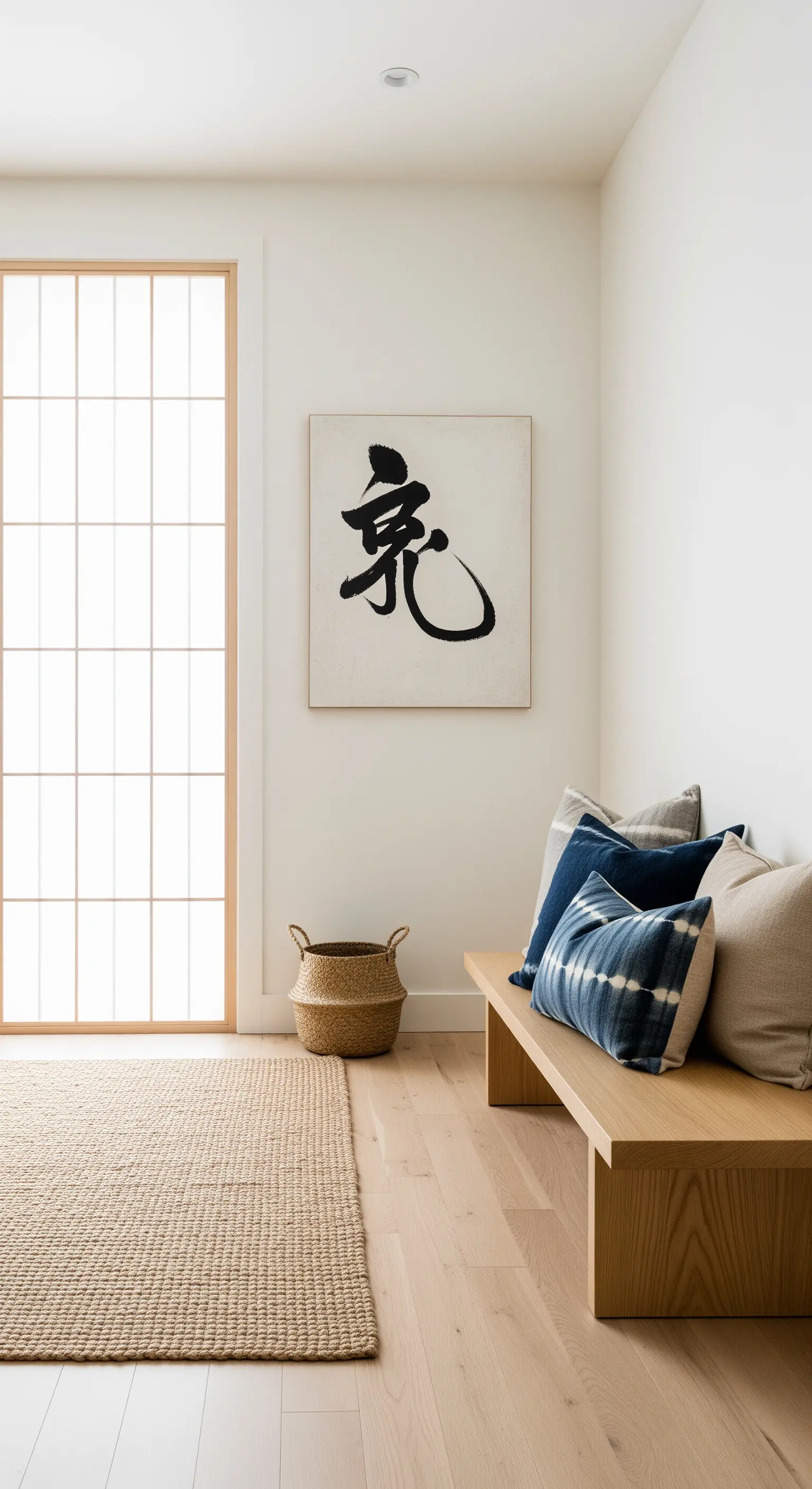 Ingresso in stile Japandi con panca in legno chiaro, cuscini shibori e un'opera calligrafica.