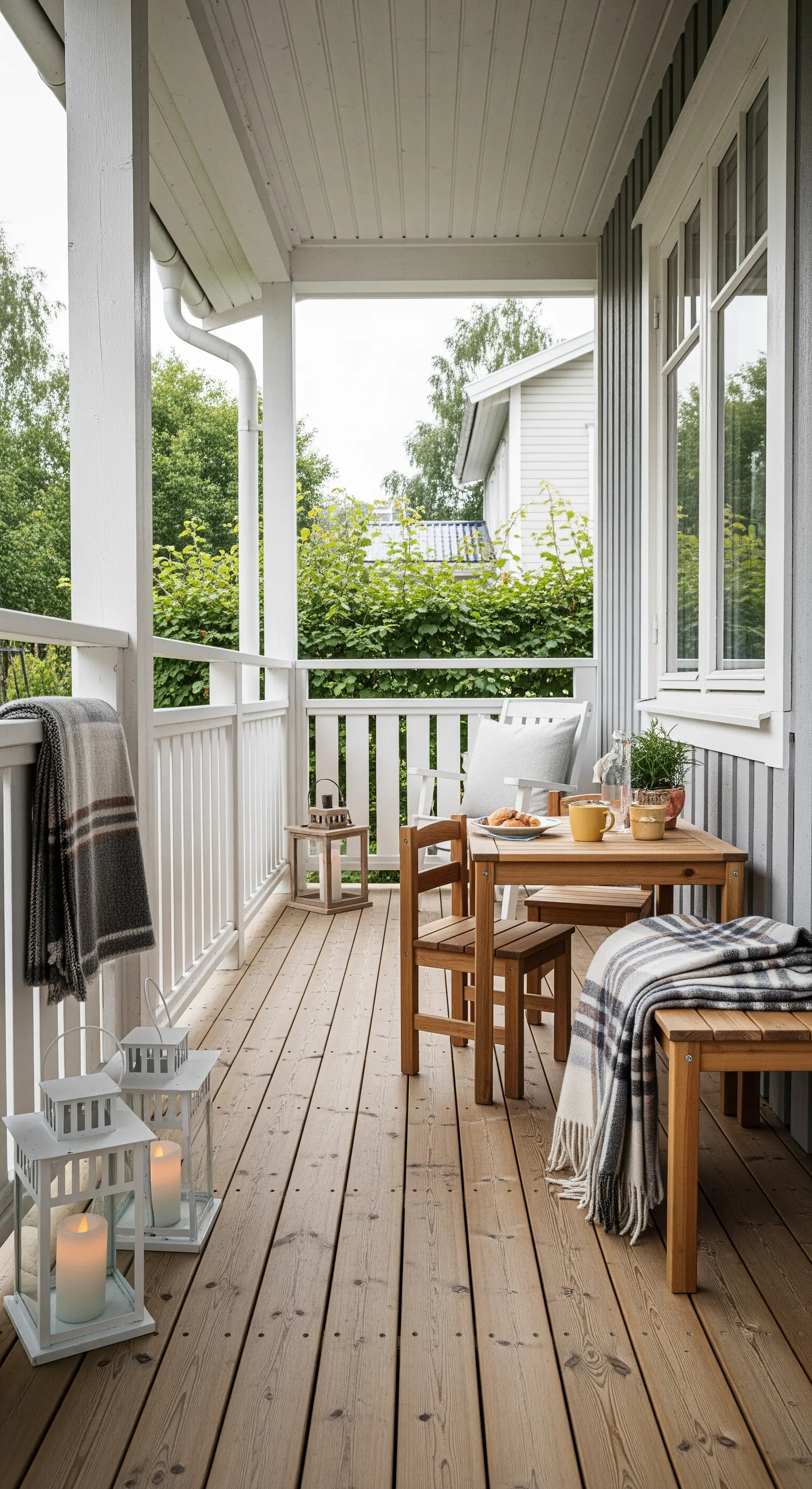 Angolo colazione su una veranda in legno con tavolino, sedie e plaid a quadri