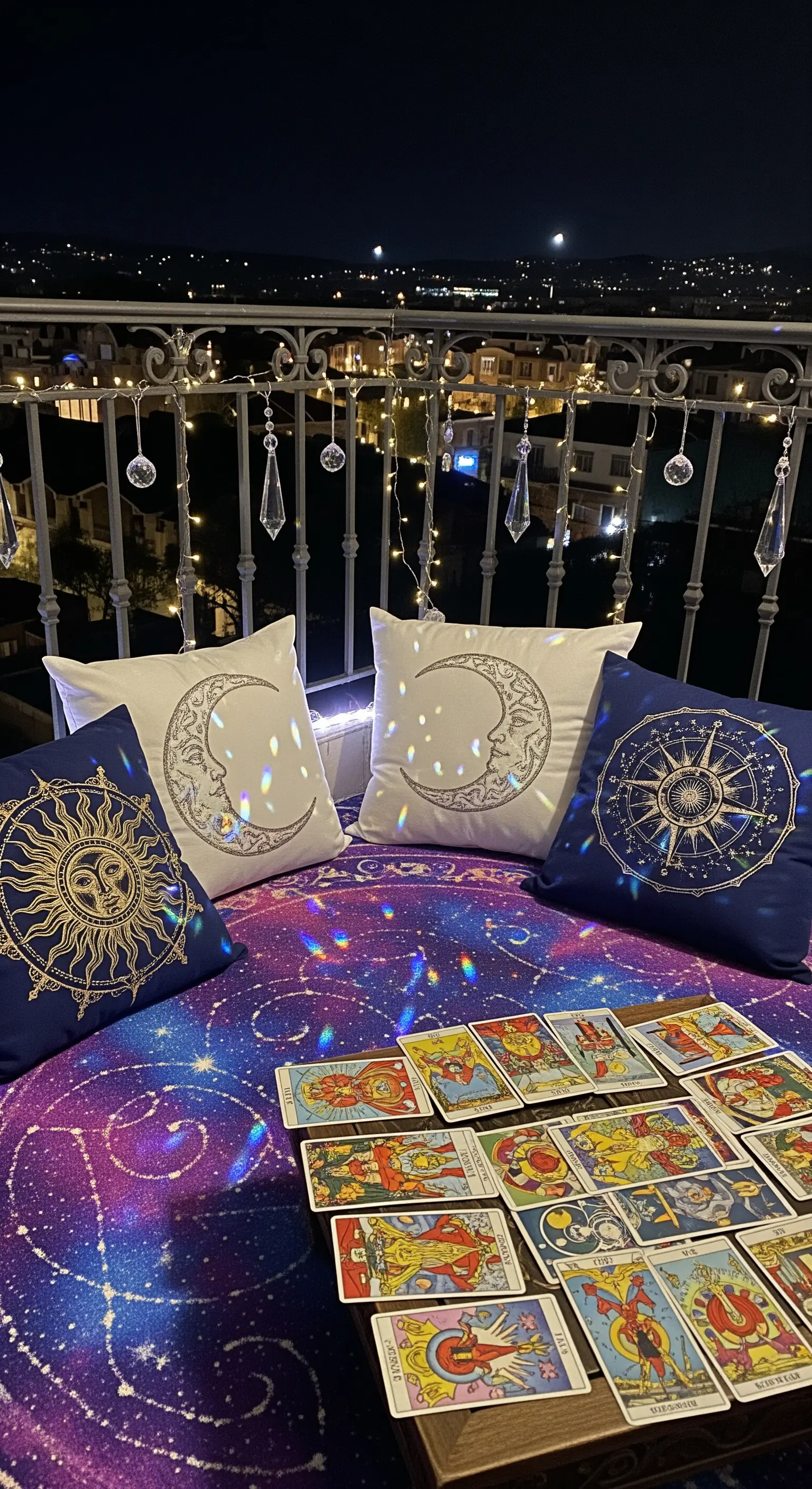 Balcone notturno con un tappeto a tema galassia, cuscini con sole e luna, e tarocchi.
