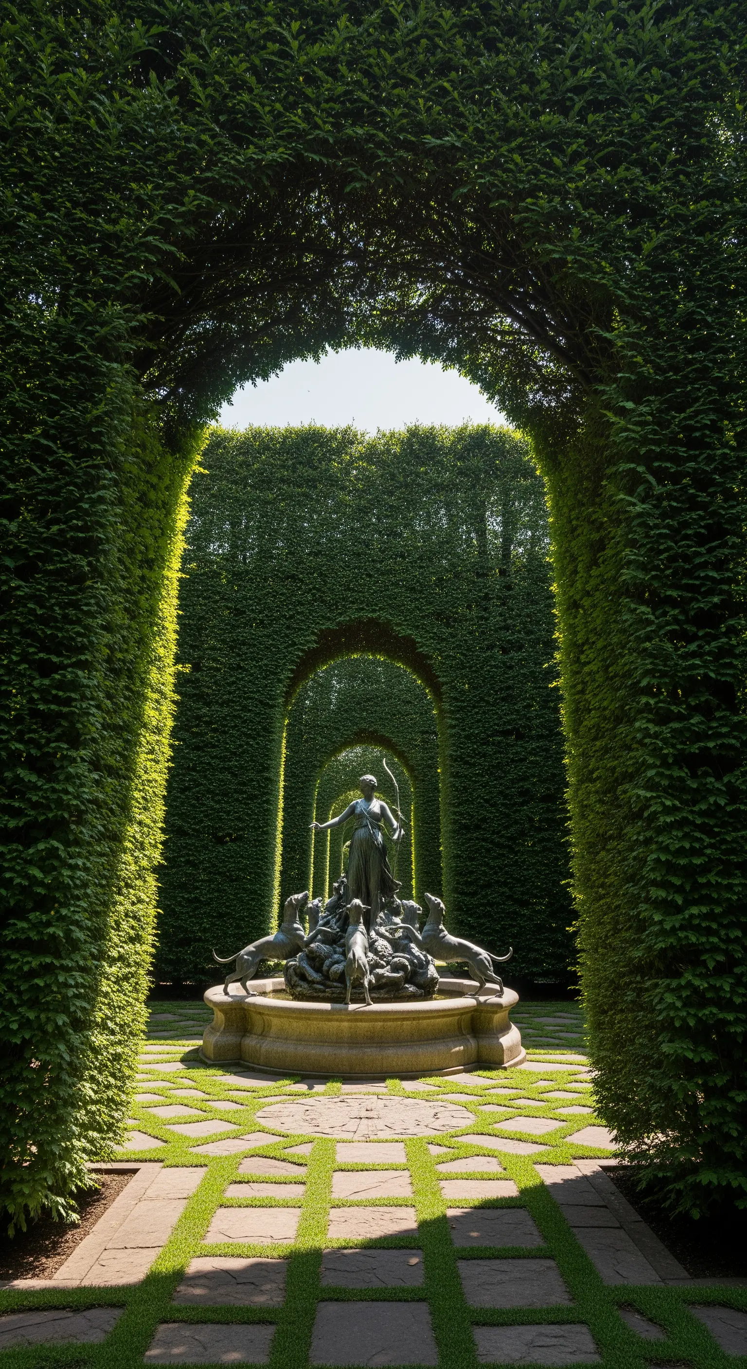 Statua di Diana con cani da caccia, incorniciata da una serie di archi potati in un'alta siepe