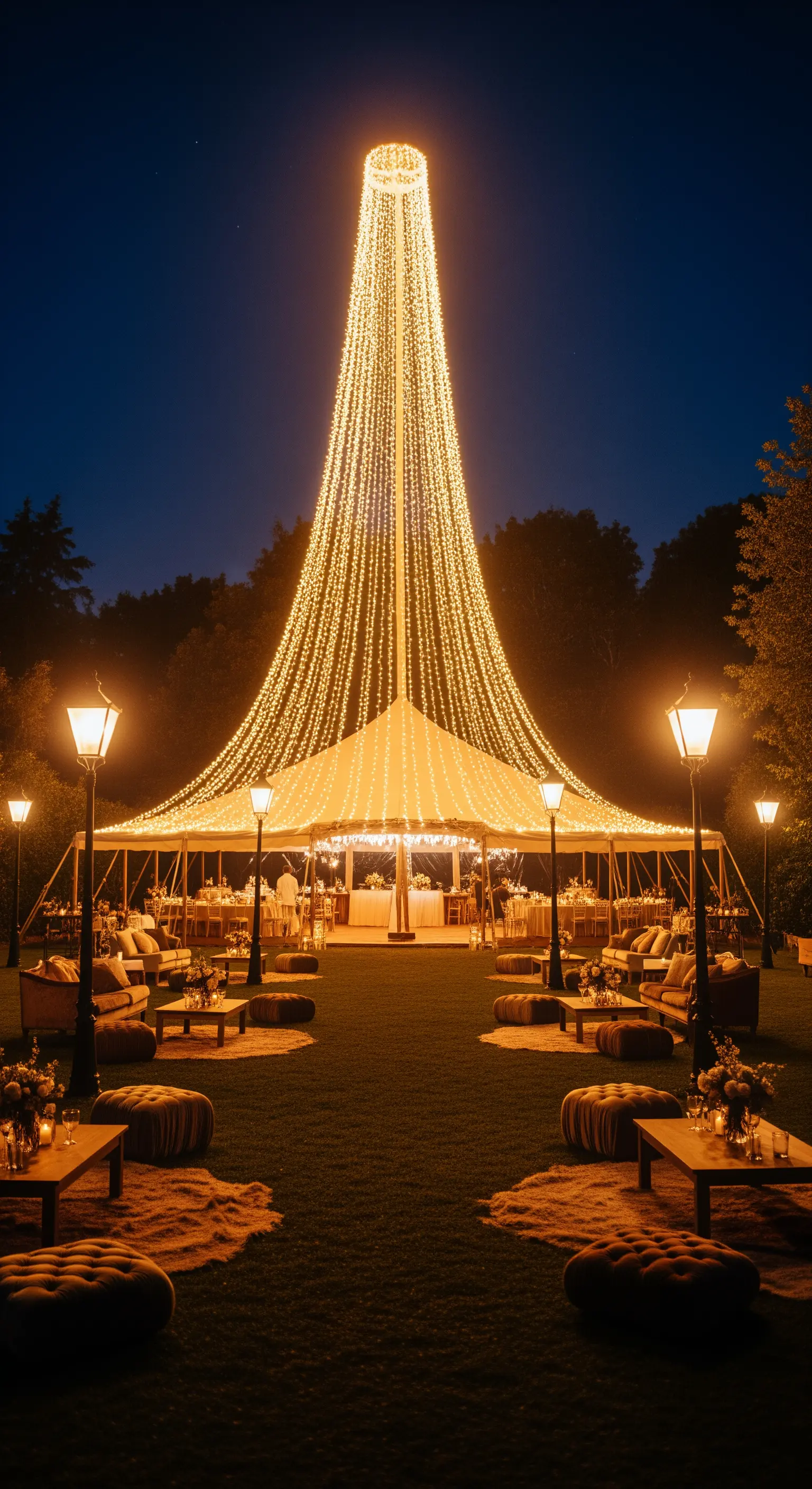 Grande tendone per eventi la cui forma è creata da una cascata di luci che partono da un palo centrale.