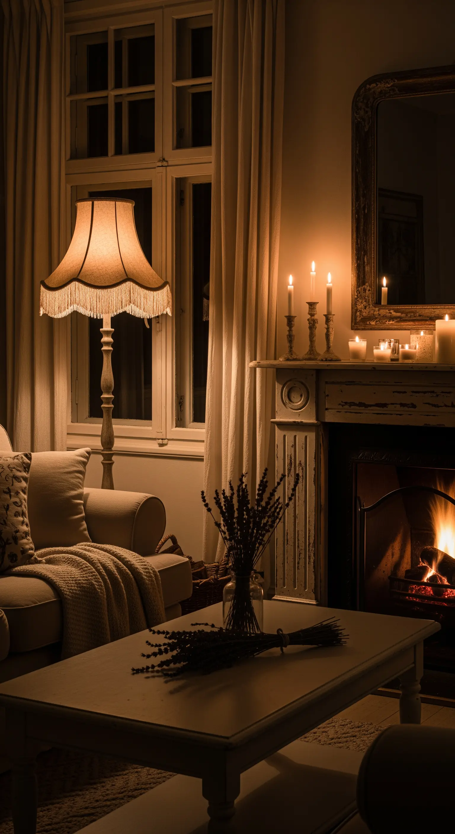 Soggiorno shabby chic di sera, illuminato da candele e una lampada da terra calda.