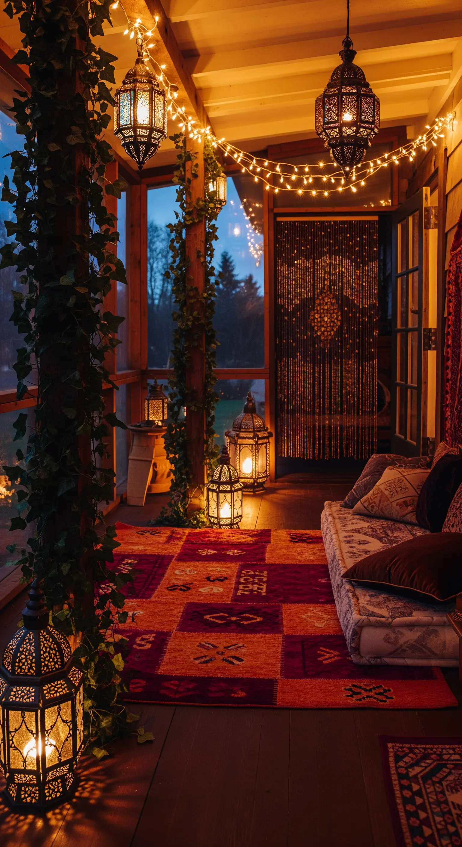 Portico di legno illuminato da lanterne marocchine e fili di luci per un'atmosfera serale.