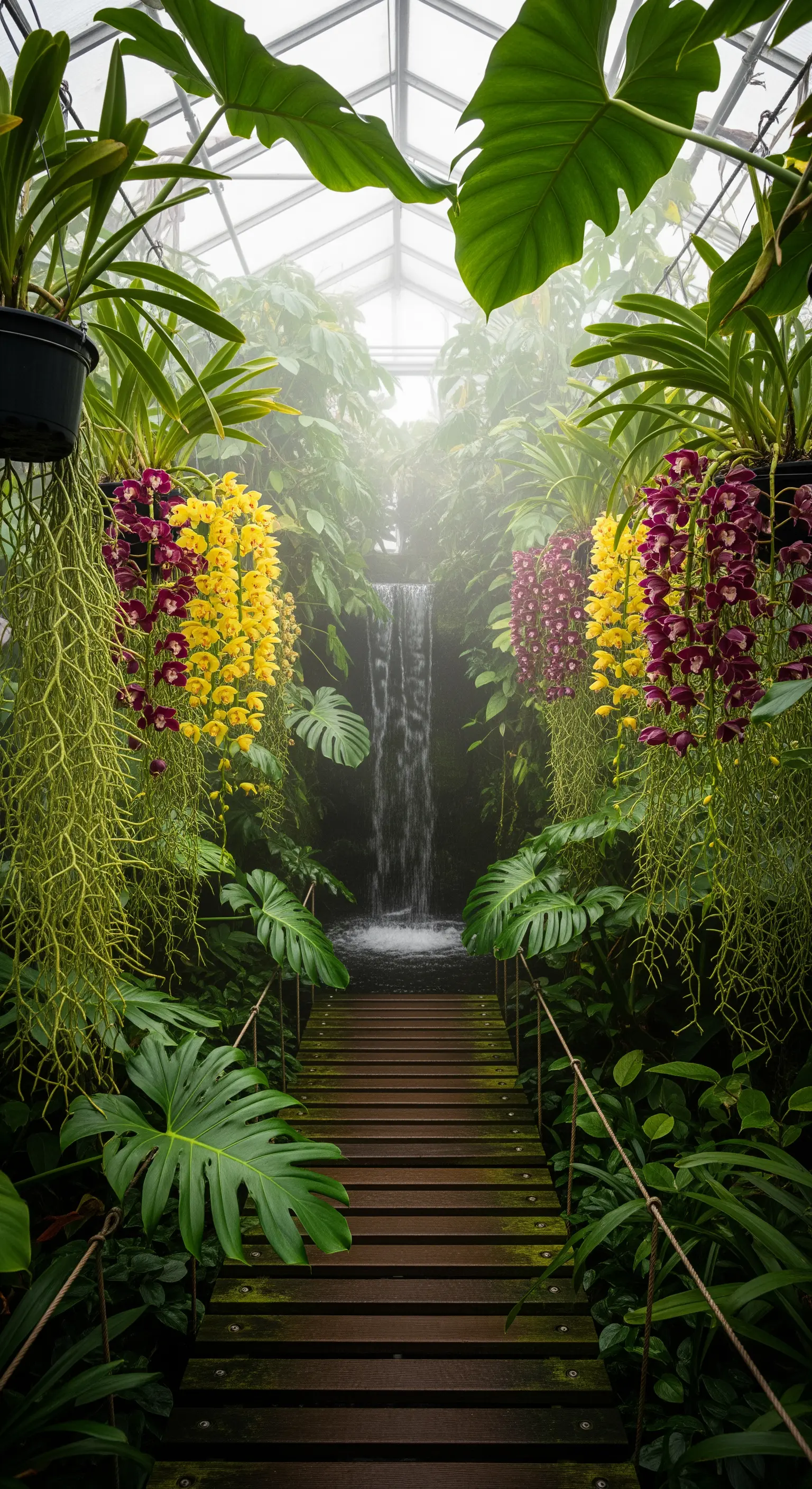 Serra tropicale con cascate, sentiero in legno e orchidee gialle e viola appese.