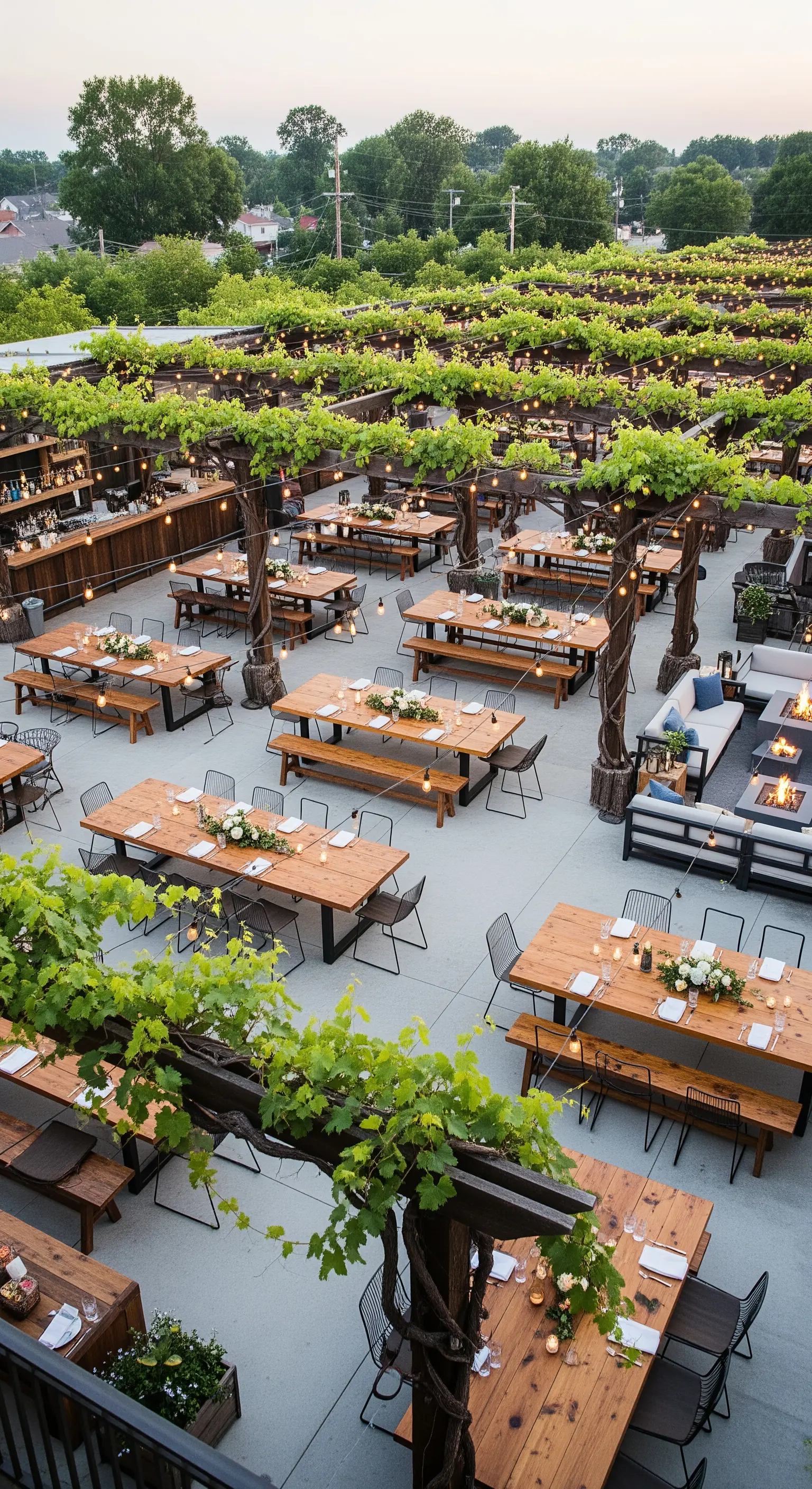 Grande terrazza con numerosi tavoli, ognuno sotto il proprio pergolato ricoperto di vite