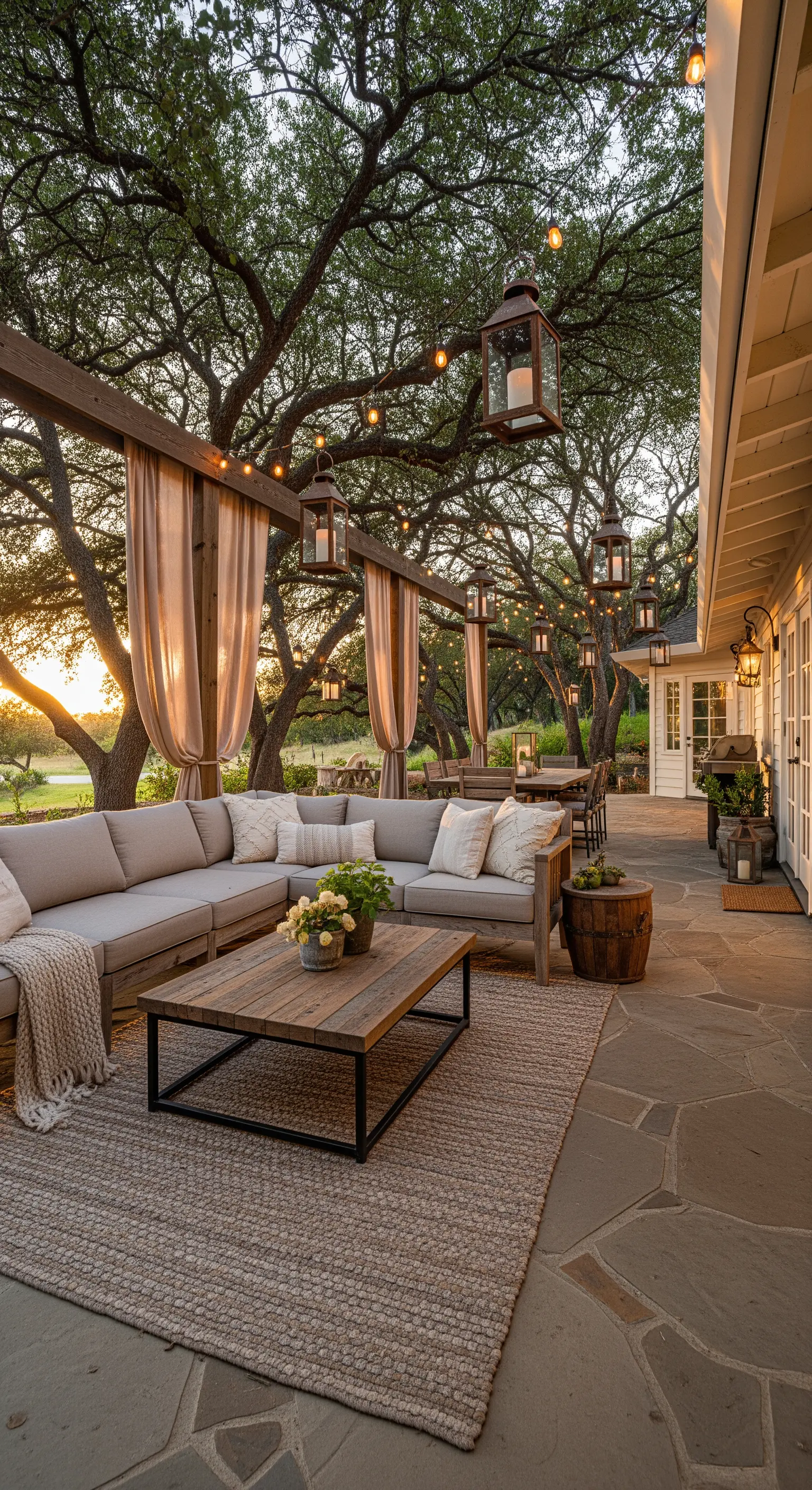 Grande patio con pergola, divano angolare, tende color crema e lanterne sospese tra gli alberi
