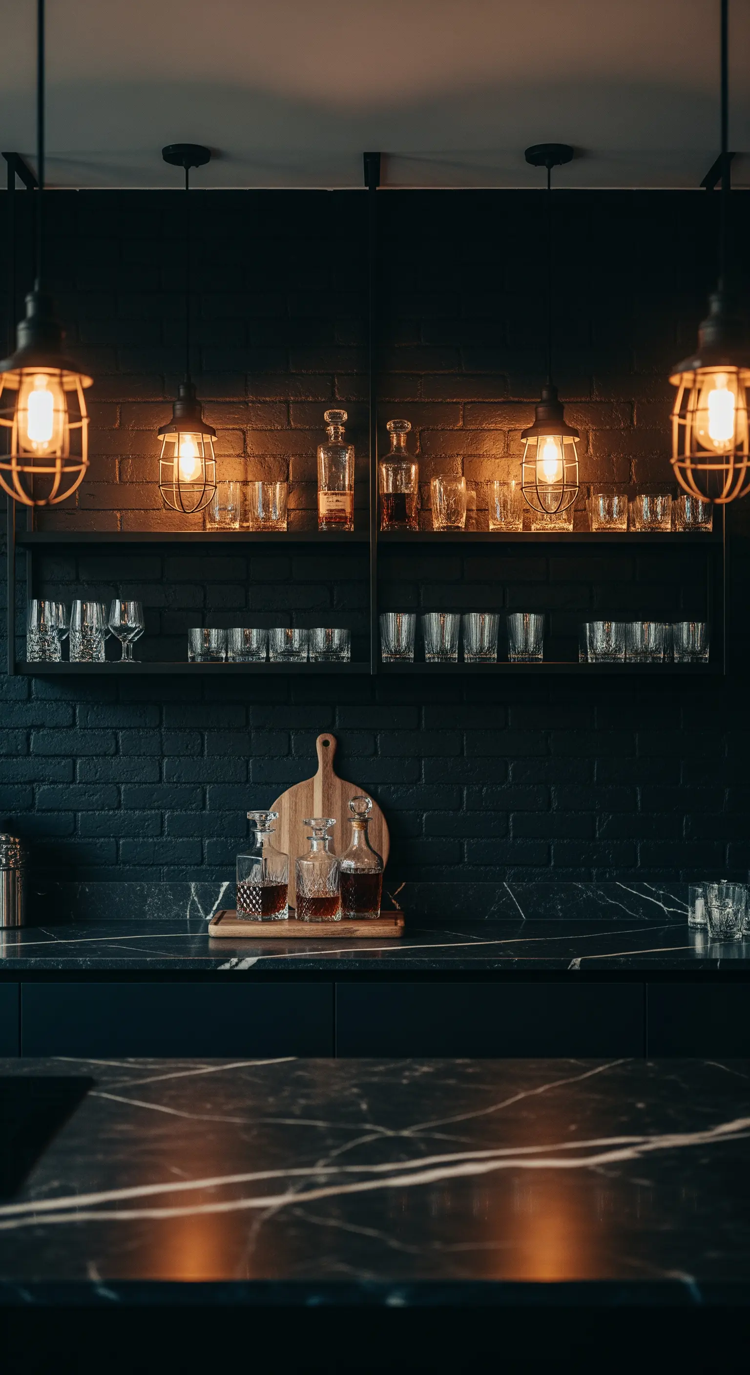 Angolo bar con parete in mattoni neri, ripiani illuminati e lampade a gabbia.