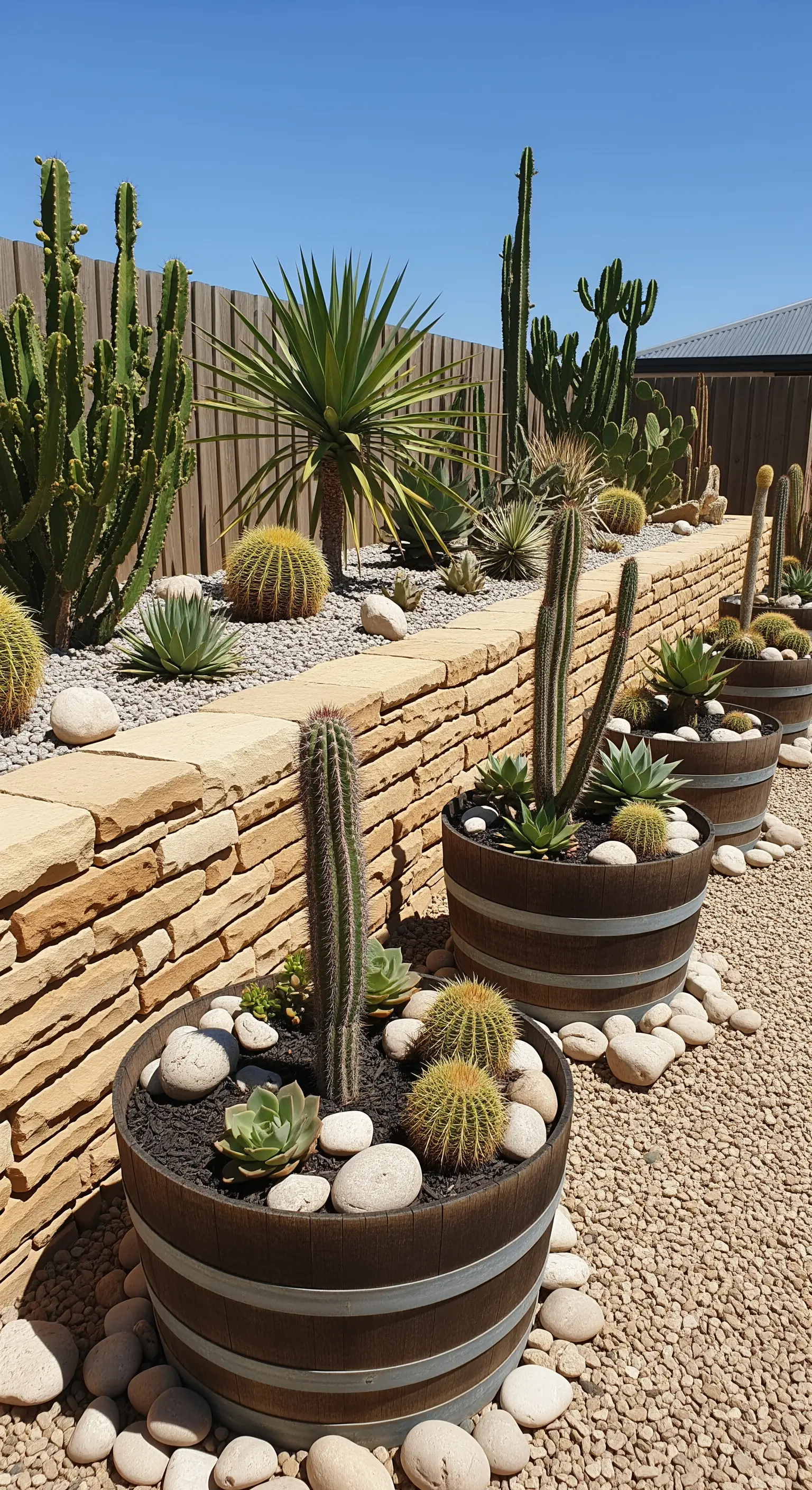 Botti con una selezione di cactus e piante grasse in un giardino roccioso con ghiaia.