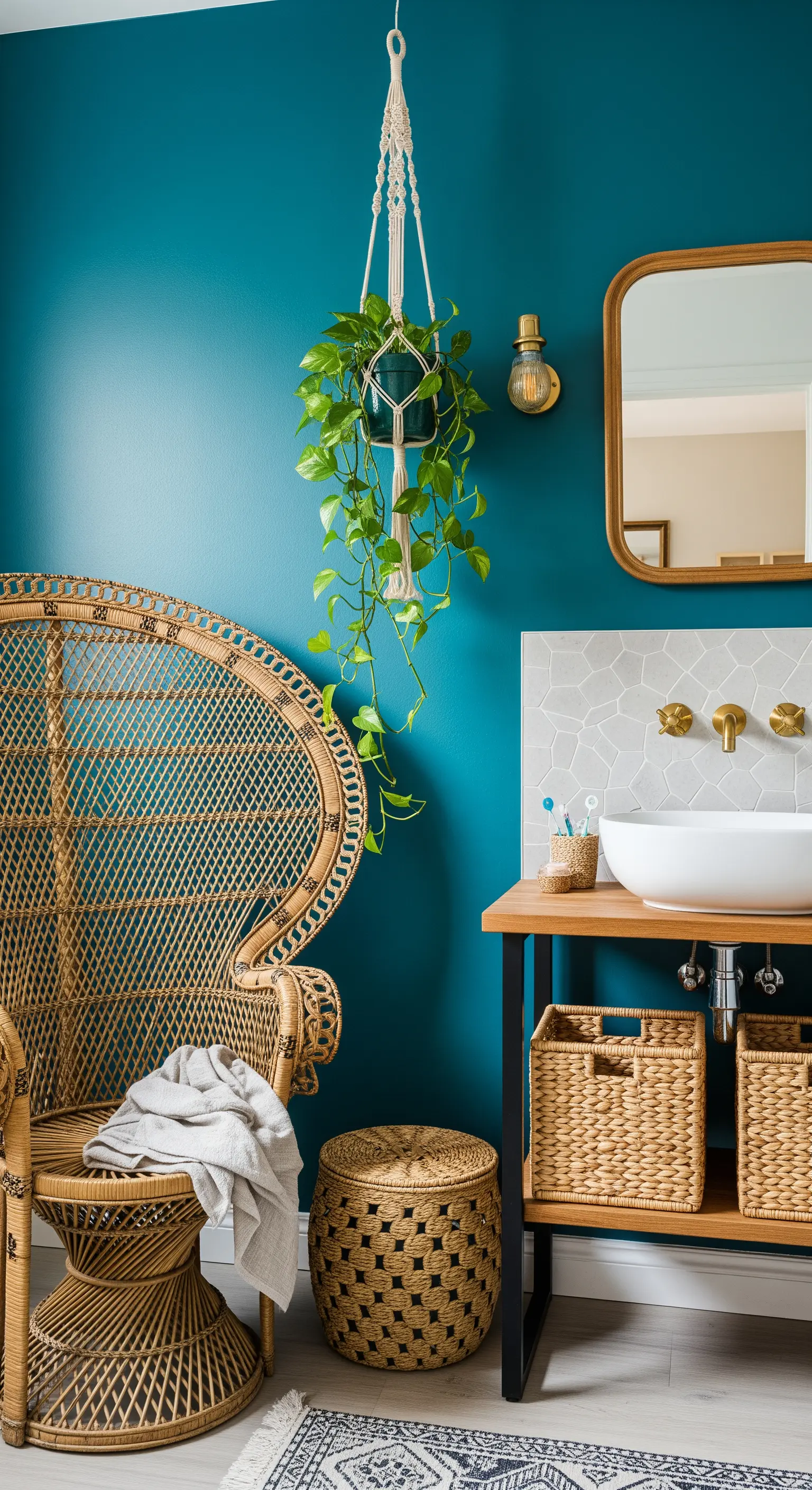 Parete blu-verde intenso, sedia Peacock in rattan e pianta sospesa in macramè.