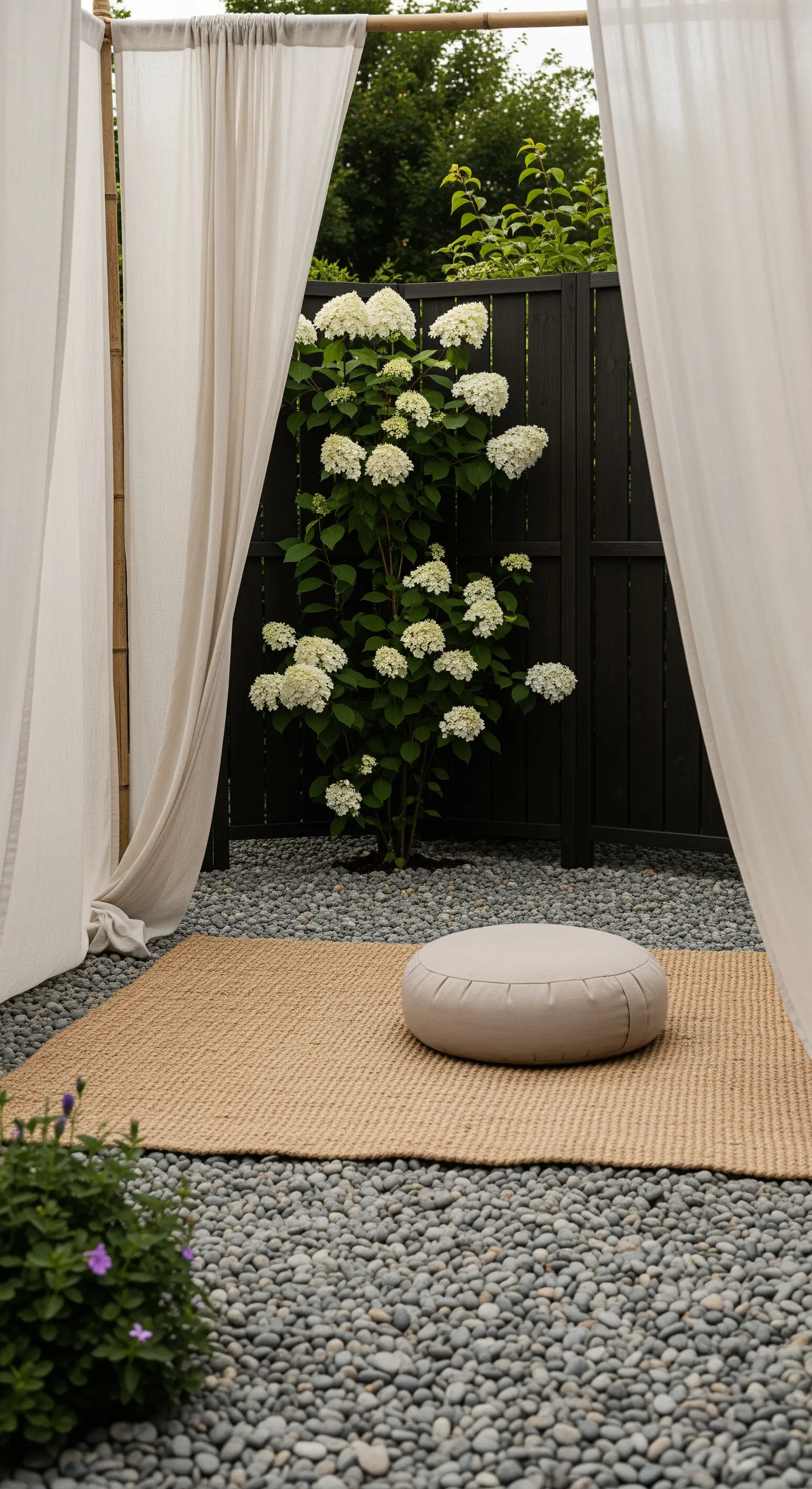 Angolo meditazione minimalista con tappeto di iuta e tende bianche su un letto di ghiaia.