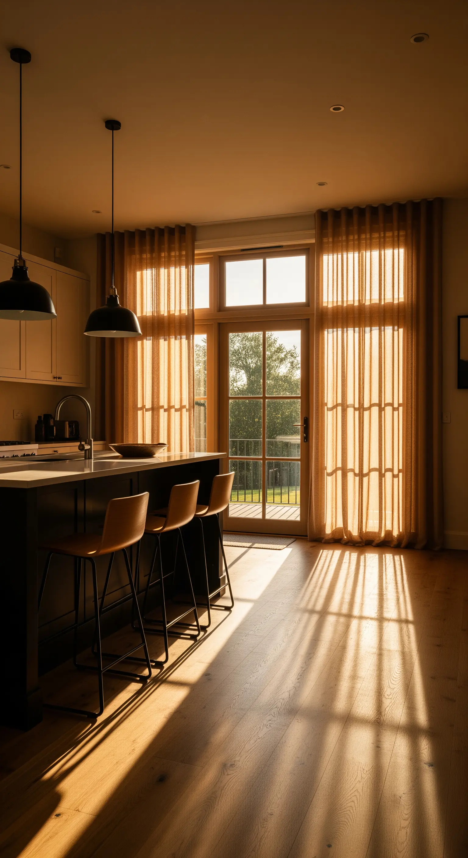 Cucina moderna con tende color ocra che filtrano la luce del tramonto.