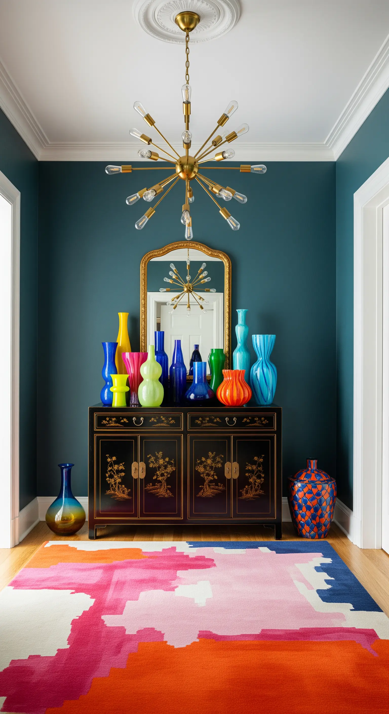 Ingresso con pareti blu petrolio, credenza Chinoiserie nera e vasi in vetro colorato.
