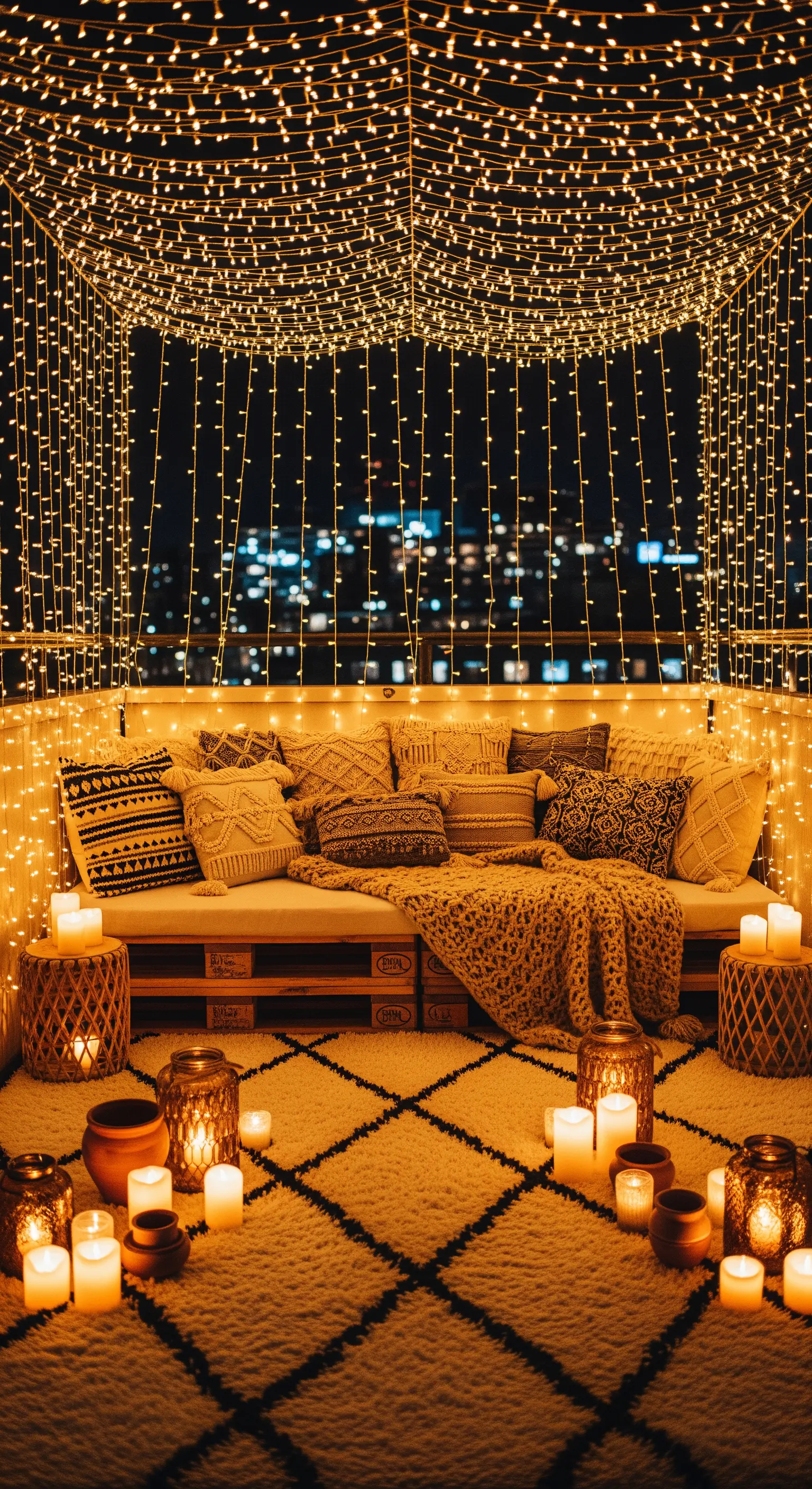 Balcone trasformato in un nido luminoso con tende di fairy lights, candele e cuscini.
