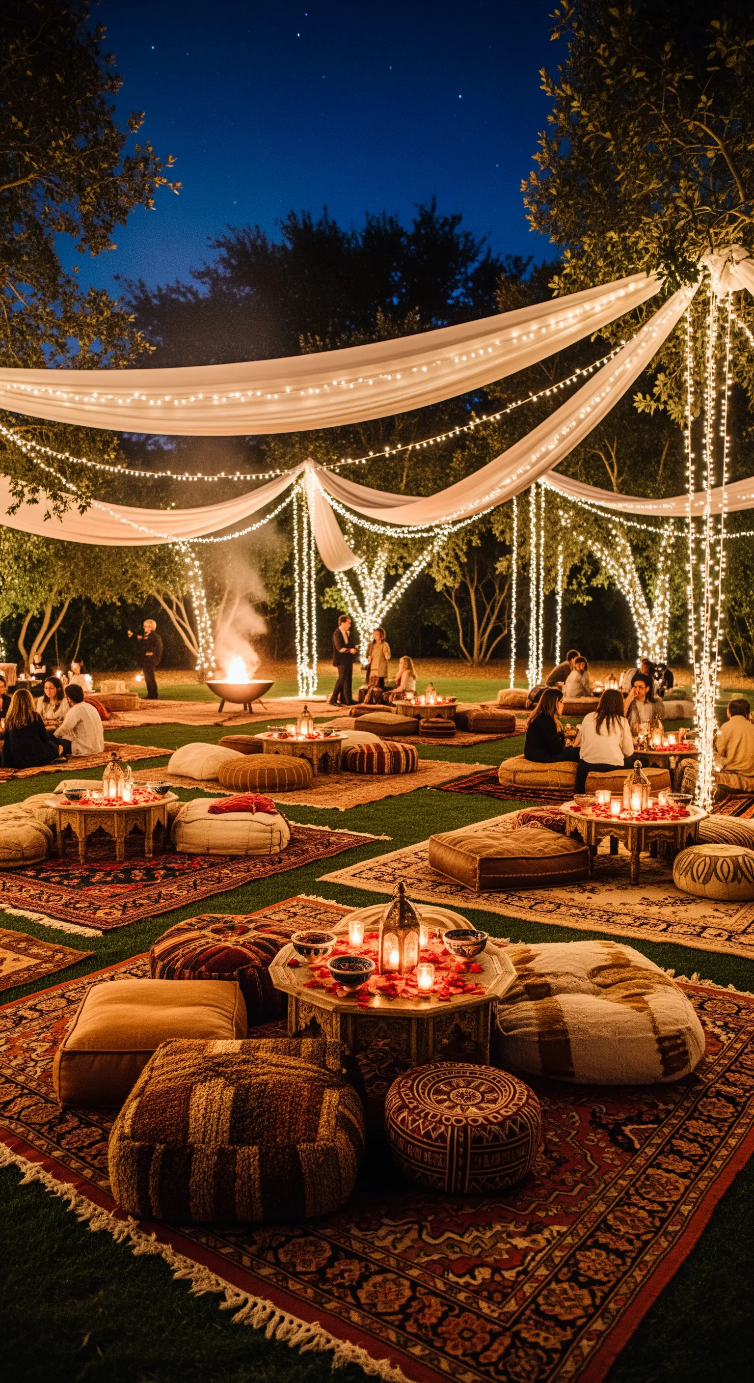 Festa in giardino di notte con teli bianchi, luci sospese e tappeti persiani.