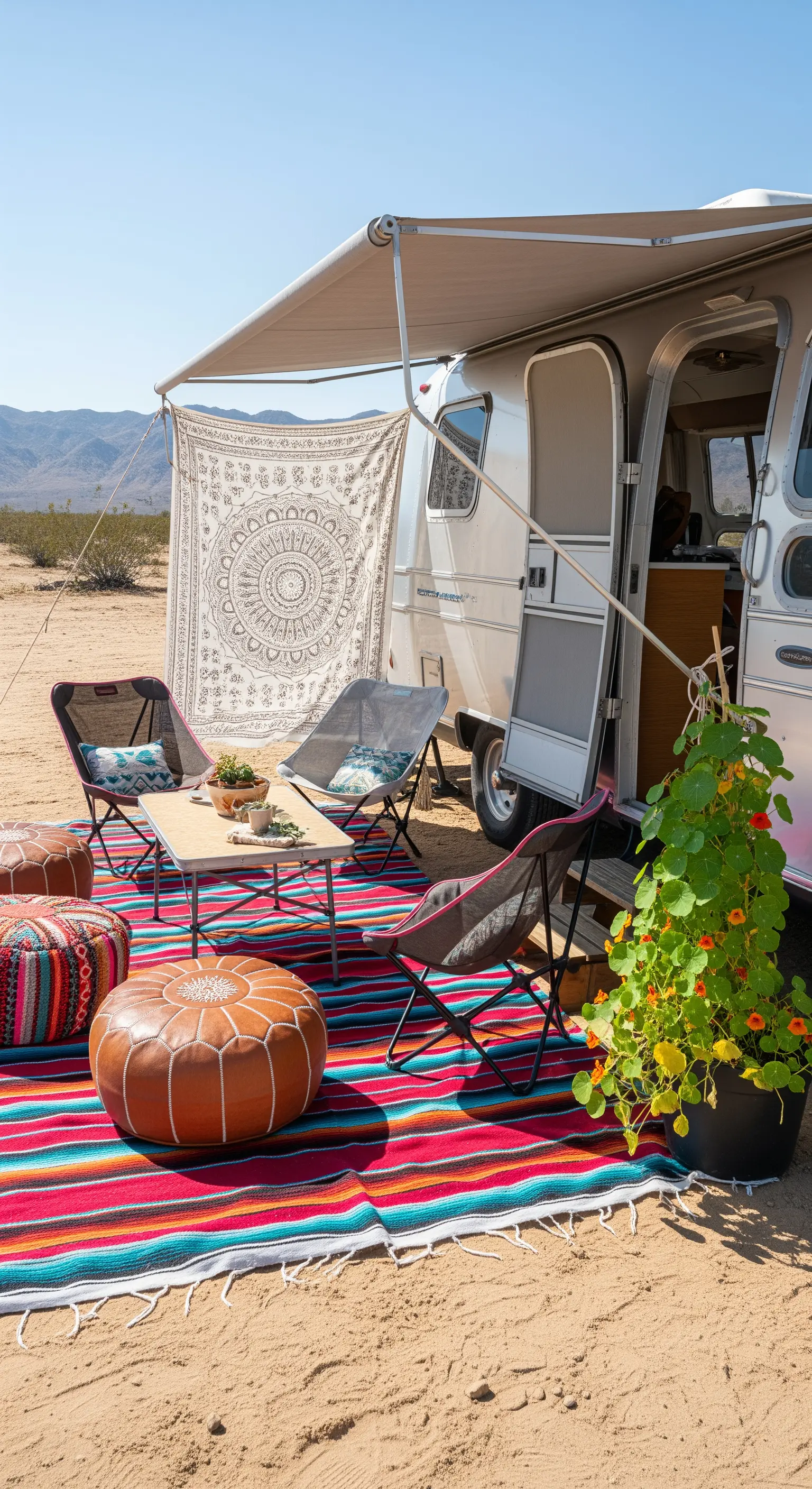 Area esterna di una roulotte con tappeto a righe colorate e pouf in pelle.