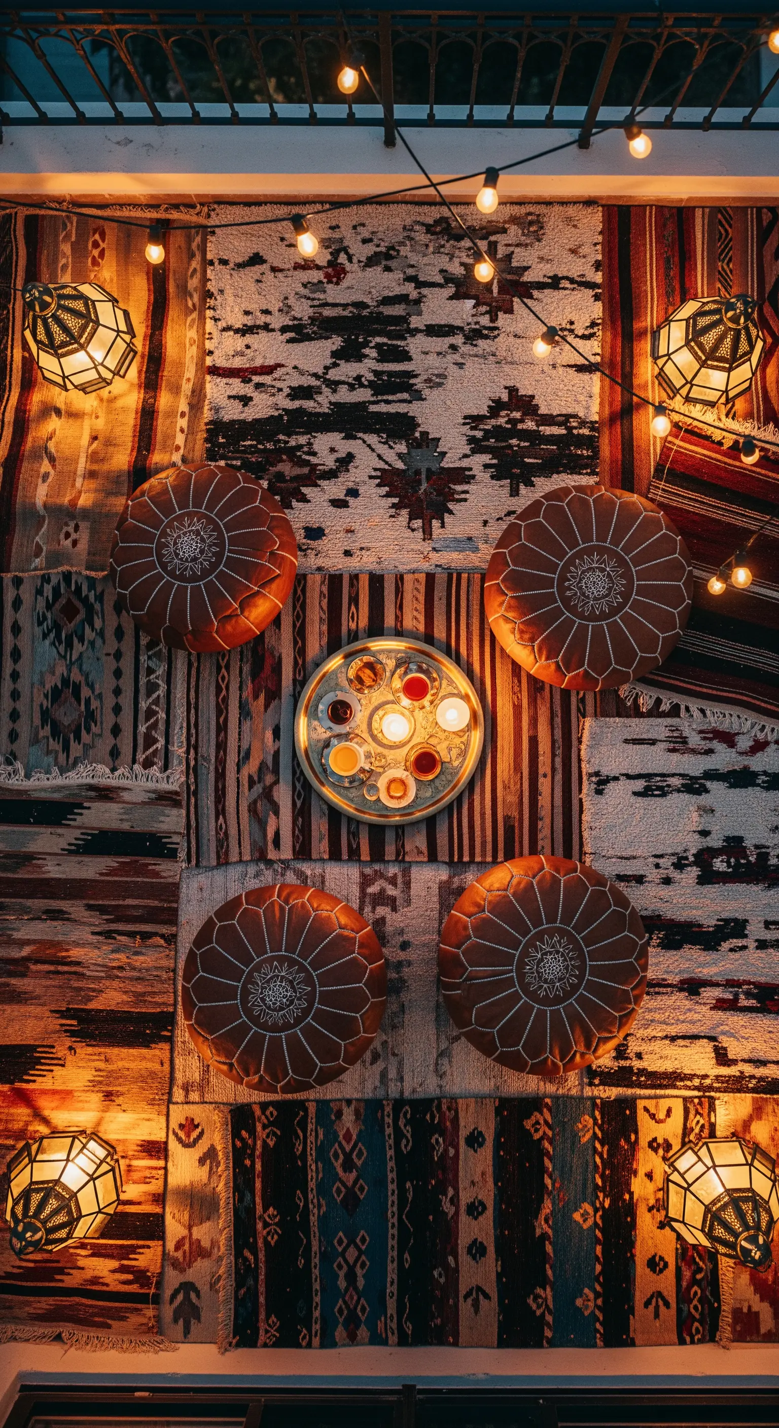 Vista dall'alto di un balcone con tappeti kilim sovrapposti, pouf in pelle e lanterne accese.