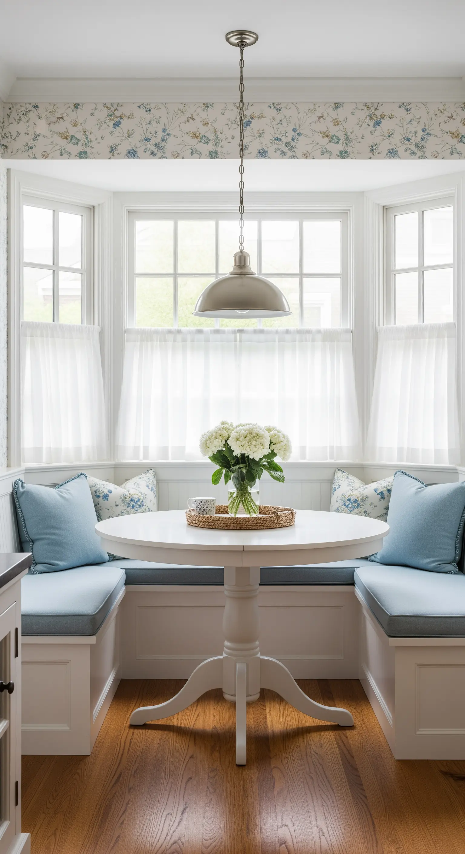 Angolo colazione con panca a U, cuscini azzurri e tende café bianche.