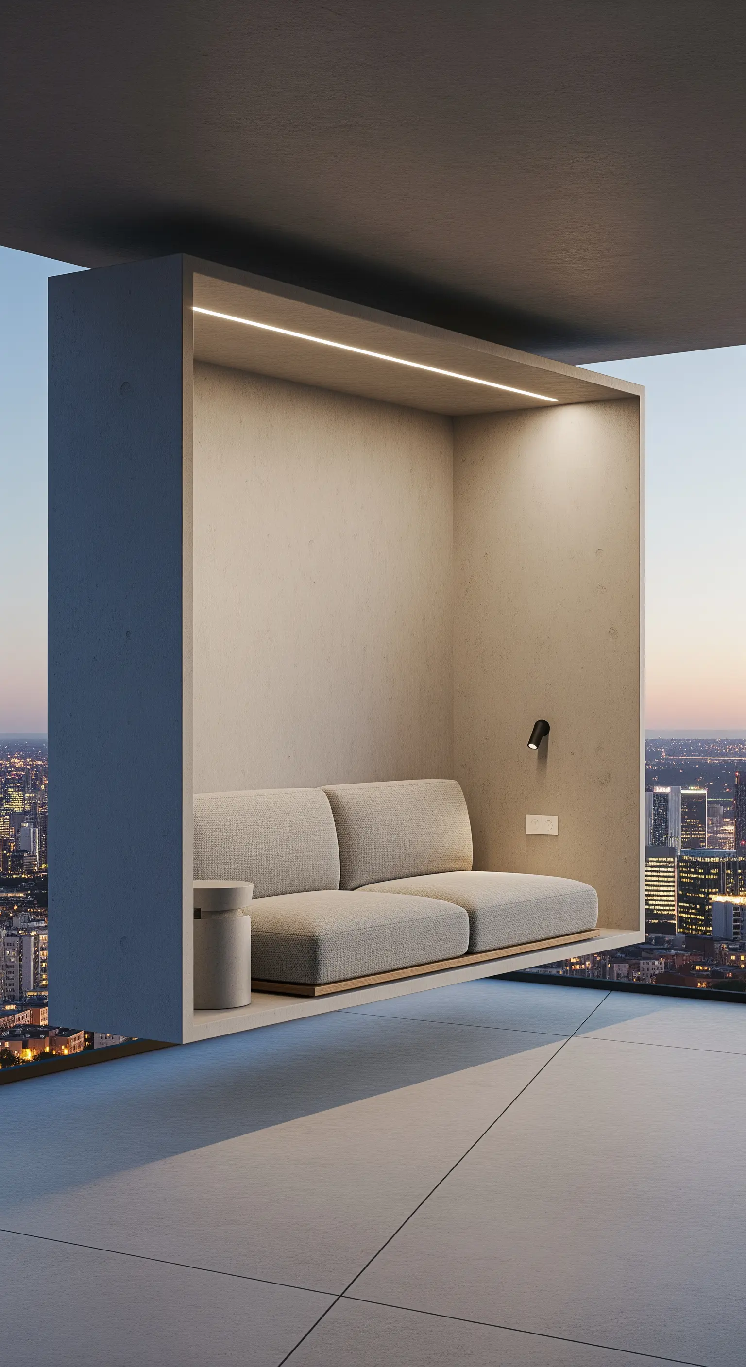 Nicchia sospesa in cemento con divanetto integrato, affacciata su un panorama urbano al tramonto