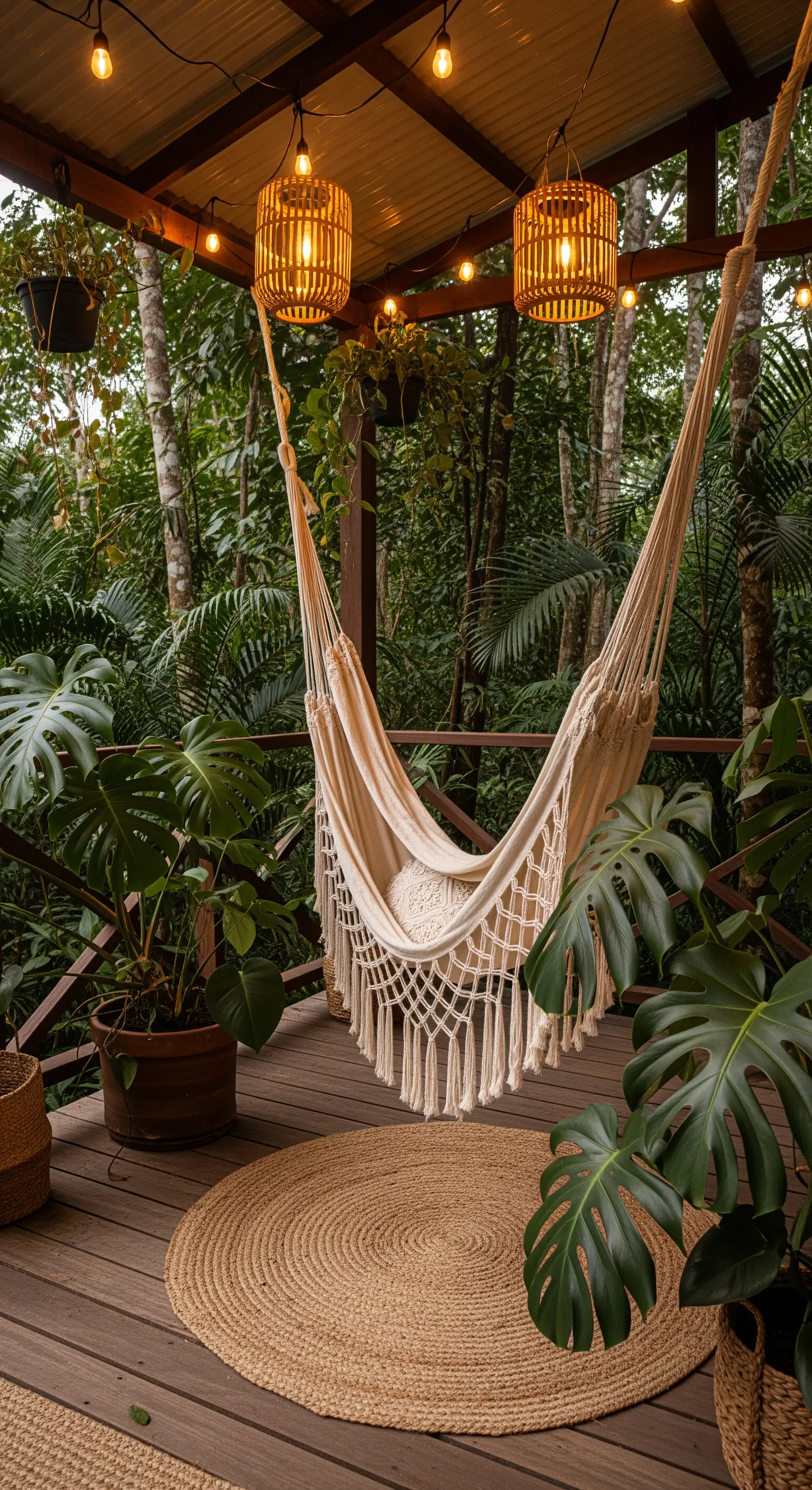 Amaca in macramè in un portico illuminato da lanterne di rattan e circondato da piante.