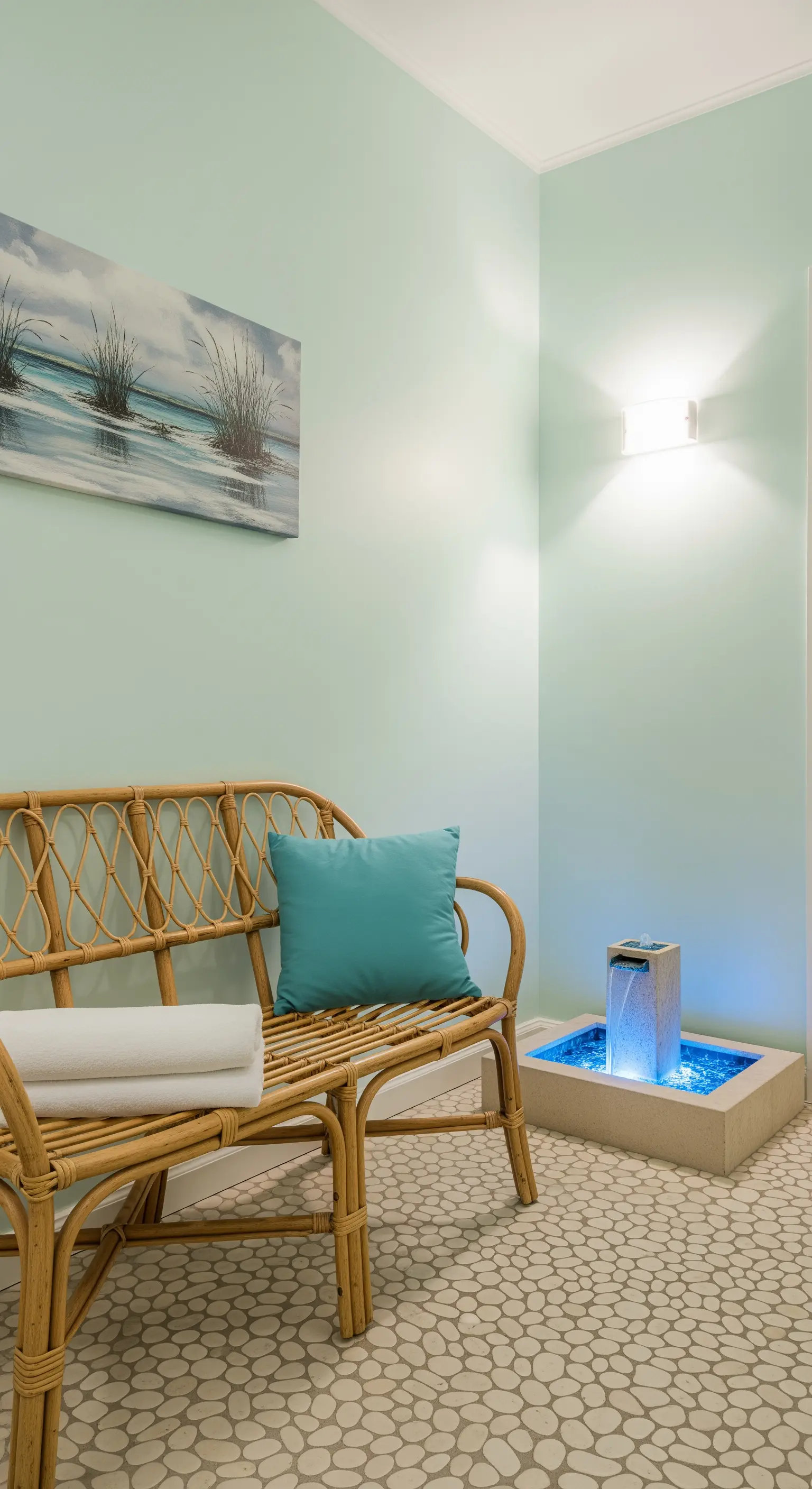 Angolo relax con panca in rattan, pavimento a ciottoli e una piccola fontana d'acqua.