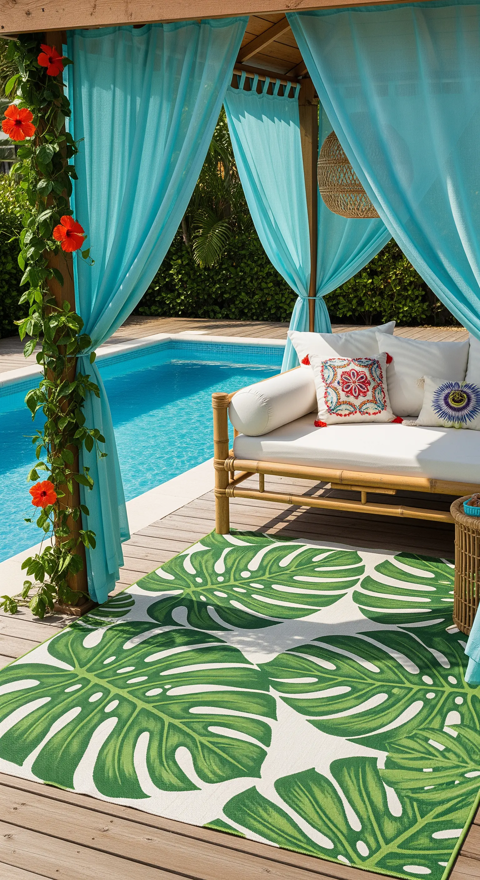 Cabana a bordo piscina con tende turchesi e tappeto con foglie di monstera.