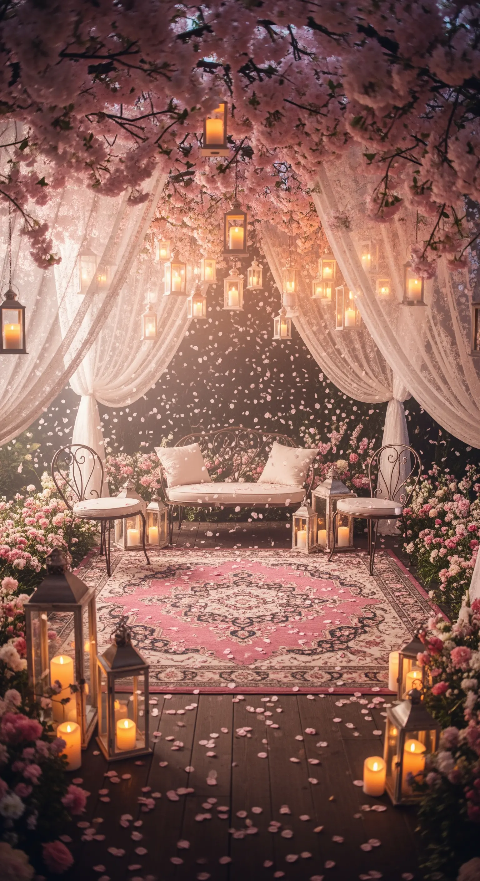 Scena romantica con gazebo fiorito, tende vaporose, candele e un tappeto persiano rosa.