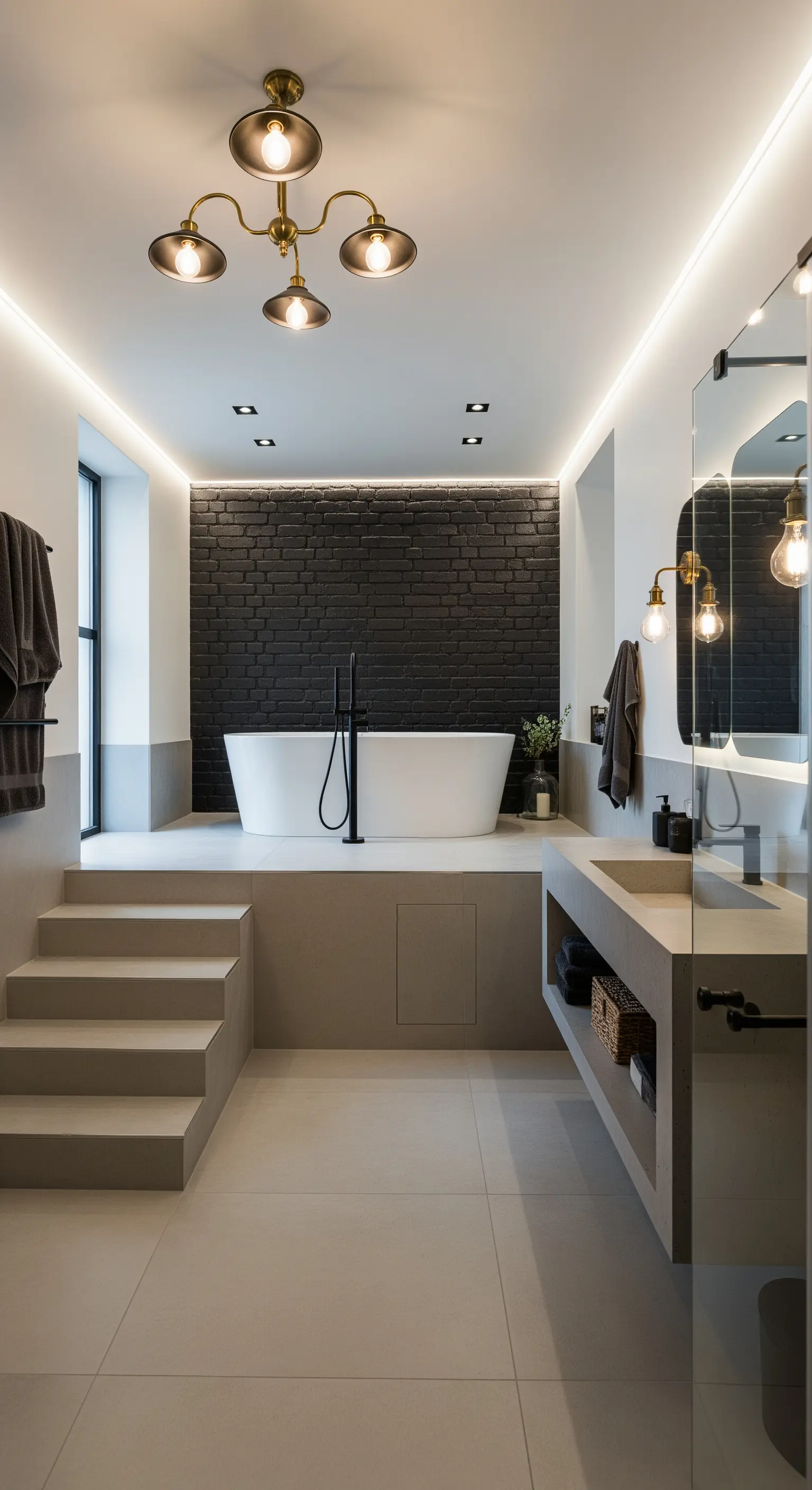 Vasca da bagno bianca su una pedana rialzata di fronte a una parete di mattoni neri.