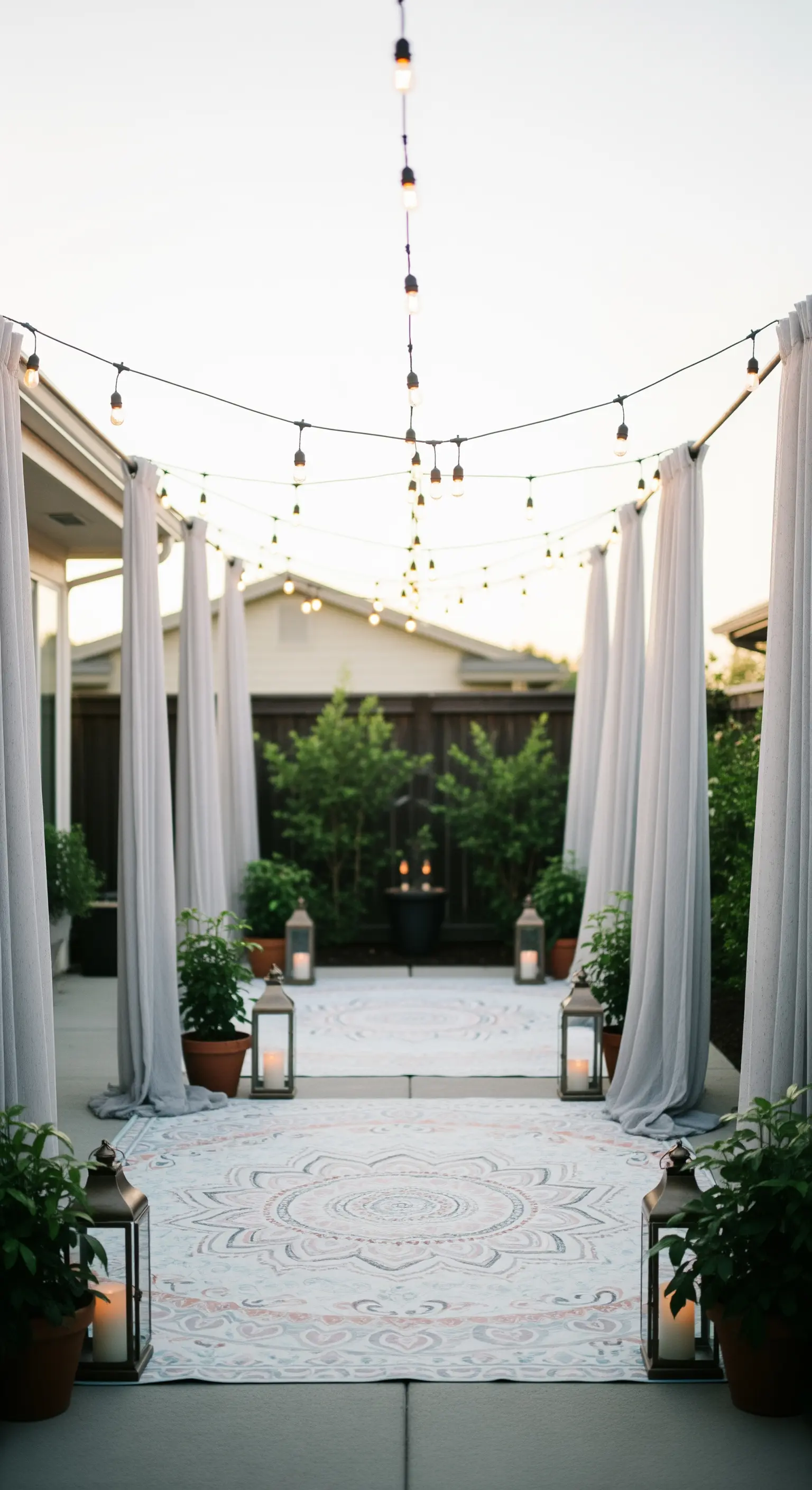 Percorso esterno definito da tende bianche, lanterne a terra e un lungo tappeto.