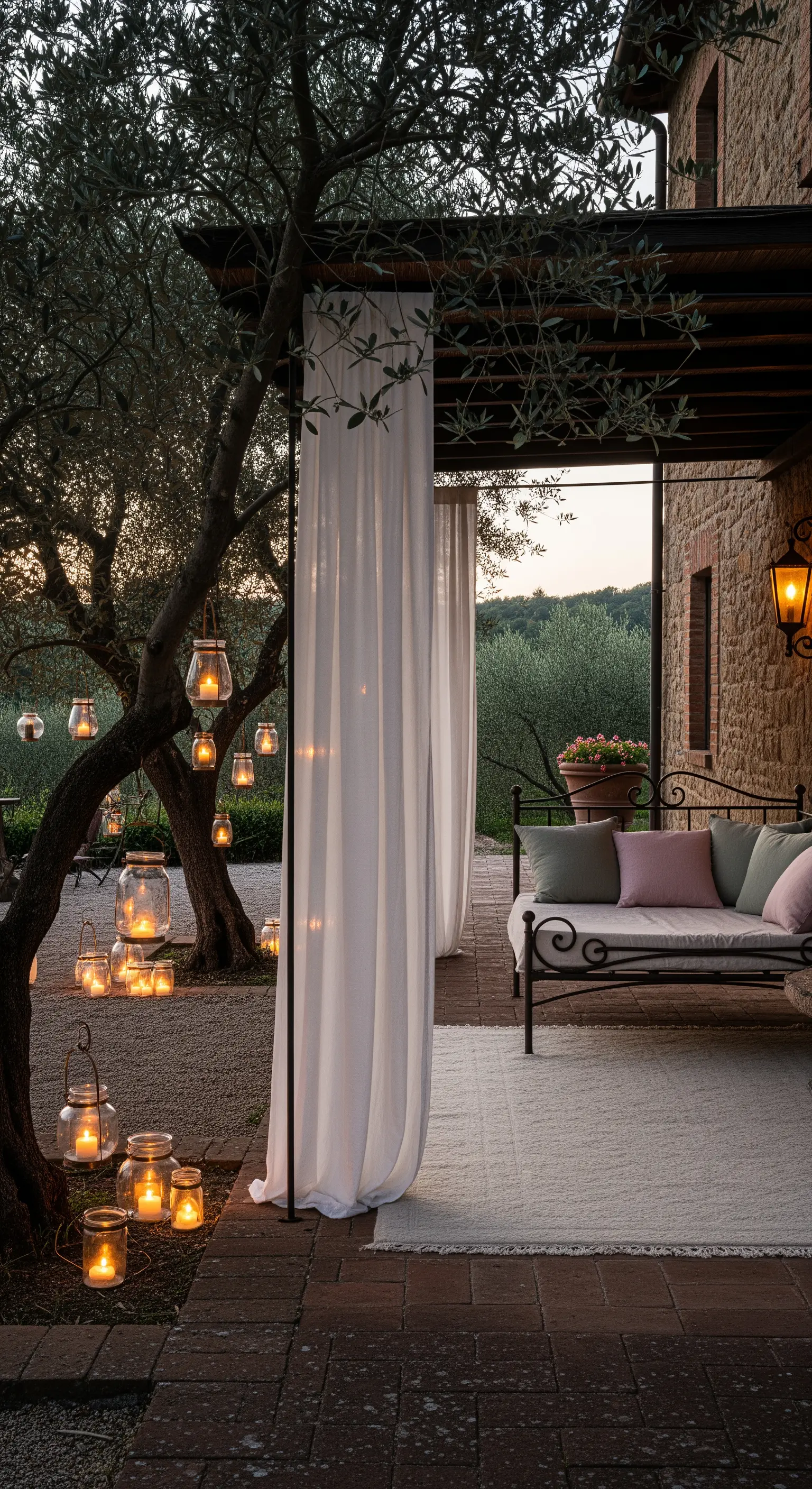 Veranda rustica al tramonto con lanterne in barattoli di vetro appese a un ulivo e tende bianche