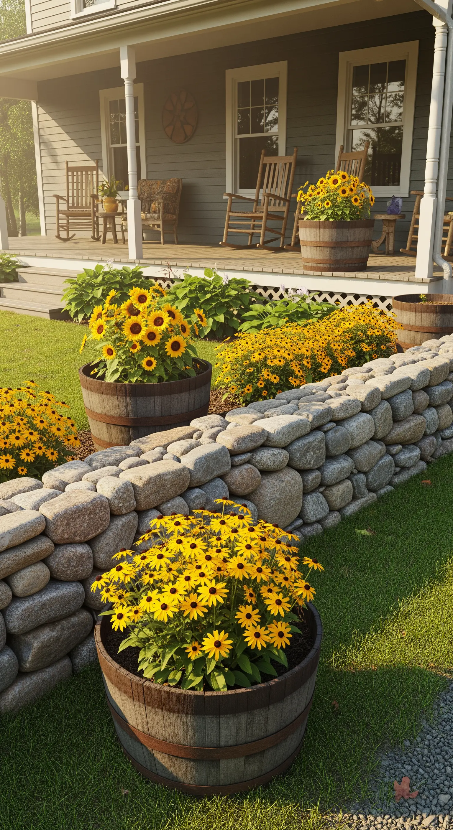 Fioriere a botte con girasoli che costeggiano un portico e un muretto di pietra tondeggiante.