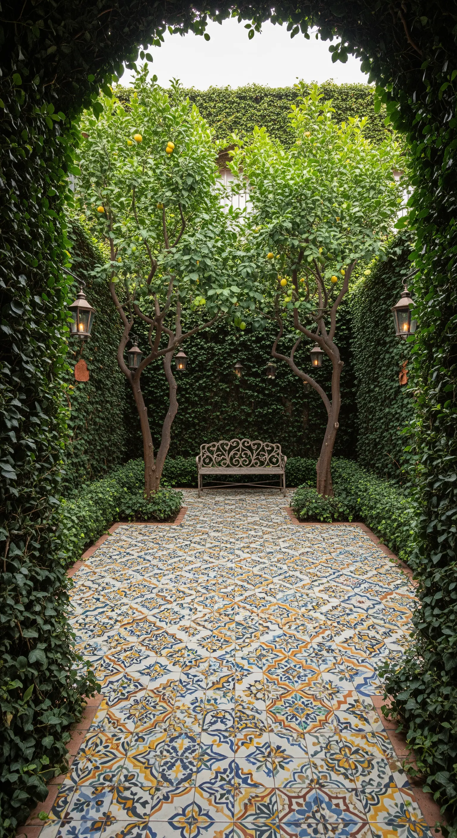 Sentiero piastrellato con maioliche colorate che attraversa un corridoio di edera fino a una panchina