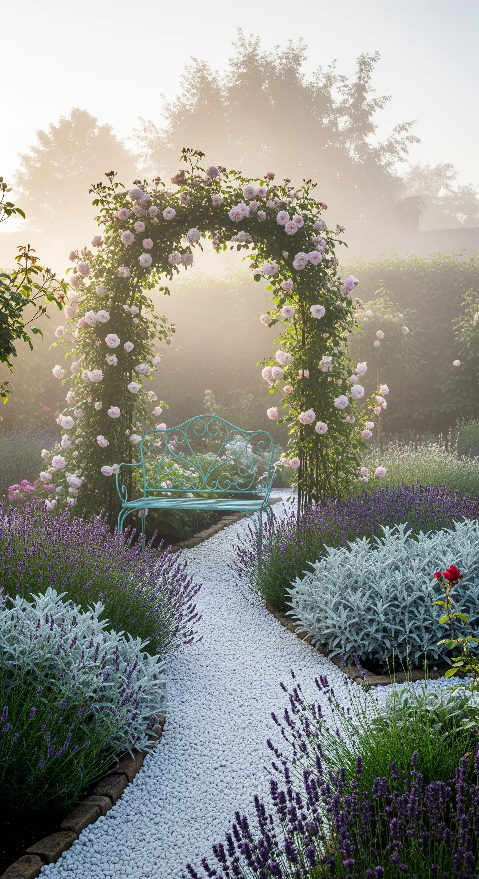 Arco di rose rosa e panchina verde acqua in un giardino nebbioso con sentiero di ghiaia bianca.