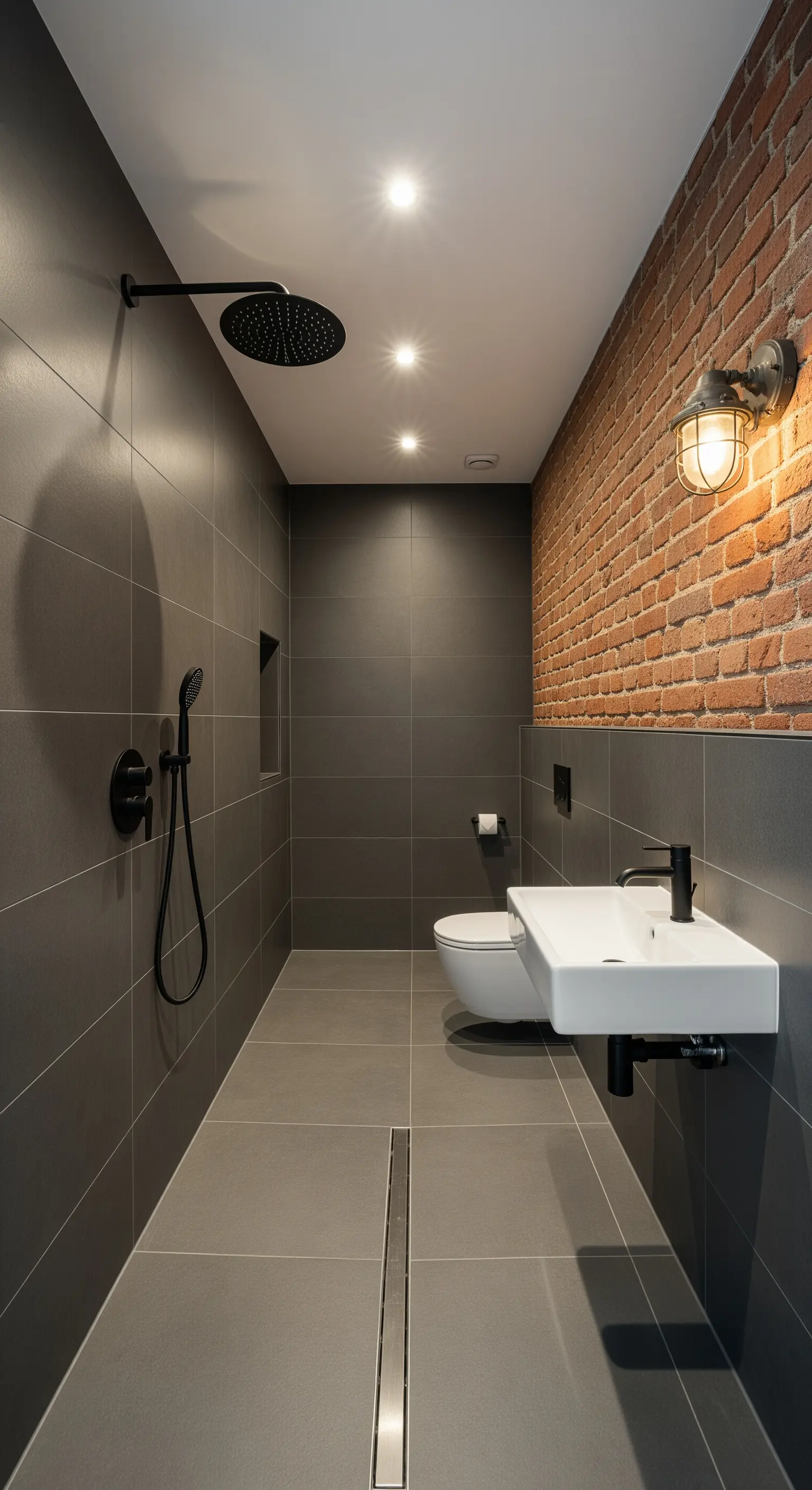 Bagno stretto e lungo con parete di fondo in mattoni rossi e piastrelle grigie.