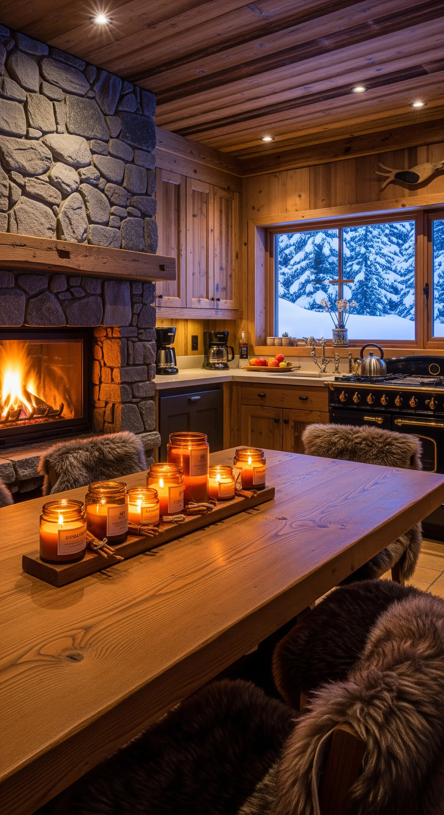 Cucina in stile baita con camino in pietra, rivestimenti in legno e sedie coperte di pelliccia.