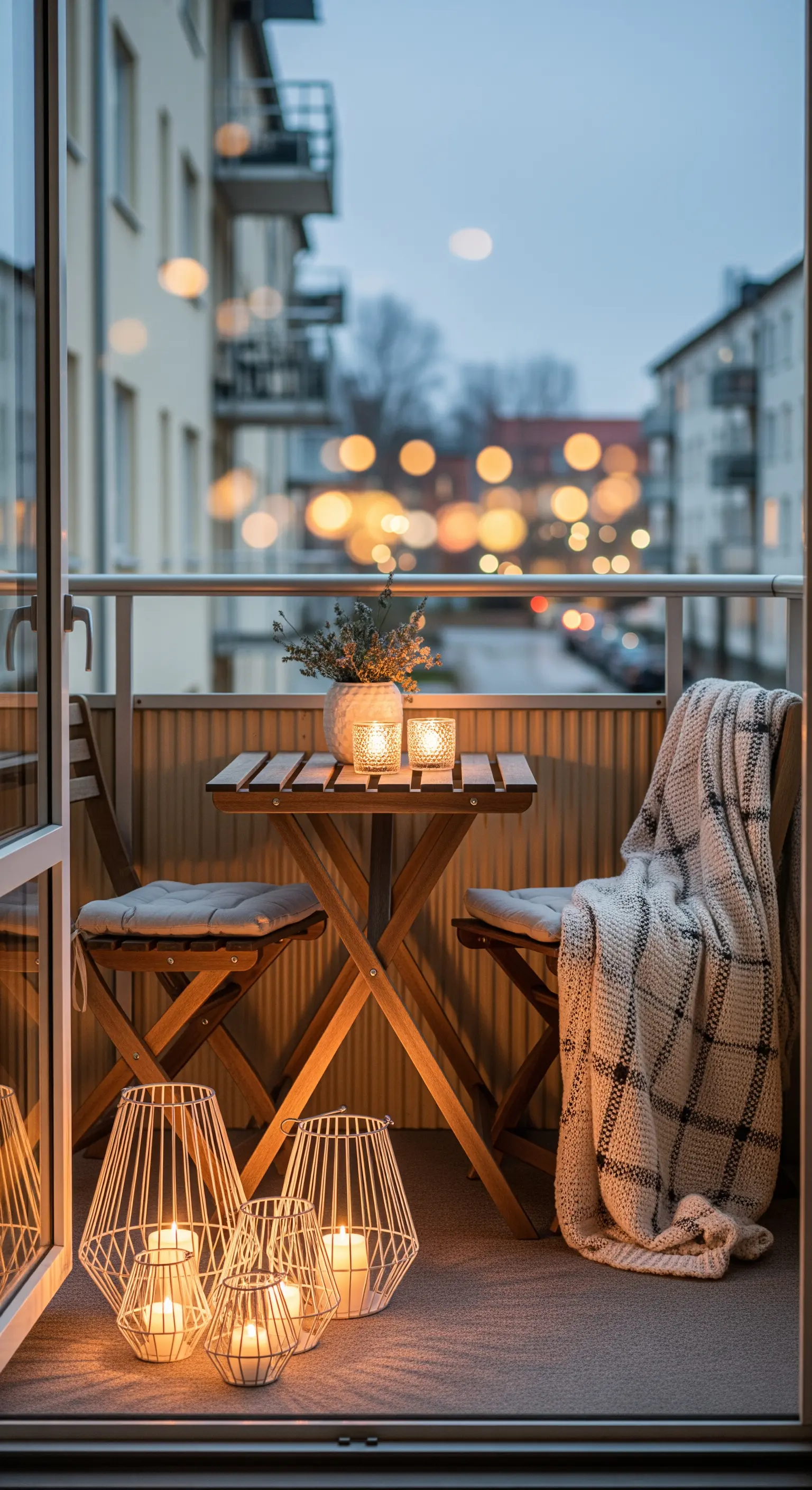 Balcone scandinavo con arredi pieghevoli in legno, plaid e lanterne bianche accese al crepuscolo.