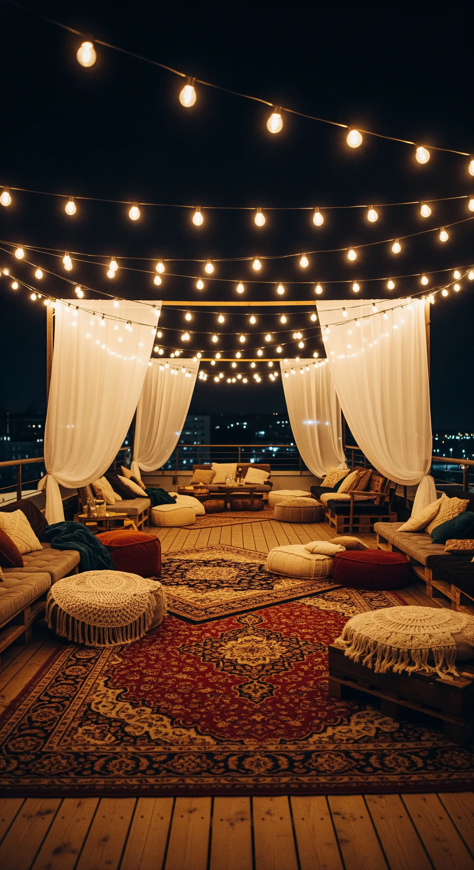 Patio bohémien su un tetto con tappeto persiano, tende bianche e fili di luci calde.