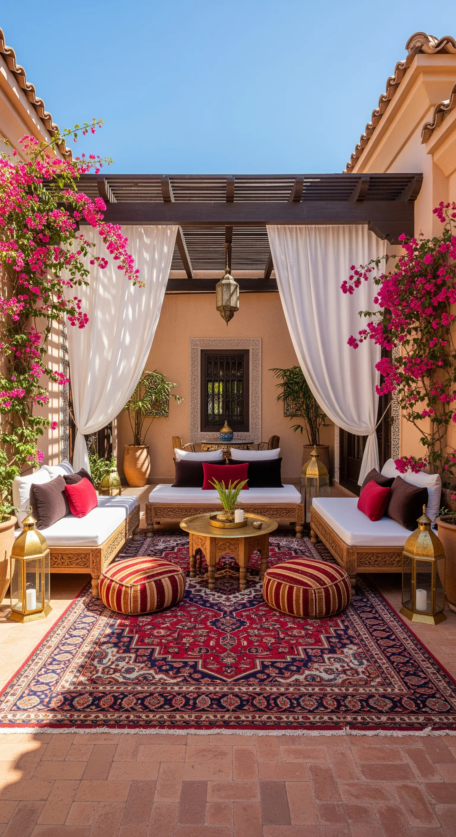 Patio in stile marocchino con tappeto persiano, divani bassi e tende bianche leggere.