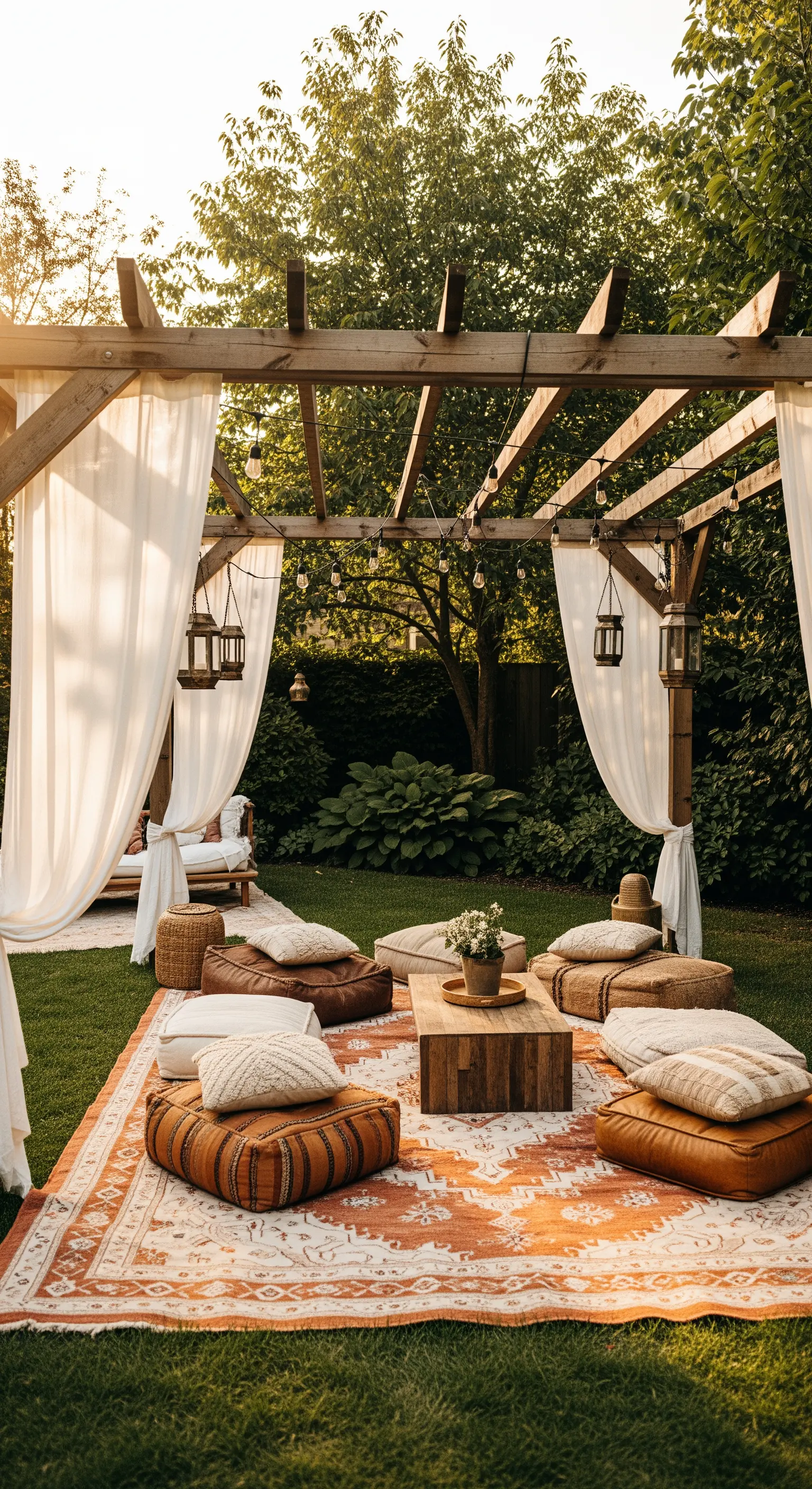 Pergolato in legno con tende bianche, tappeto marocchino e cuscini bassi in giardino.