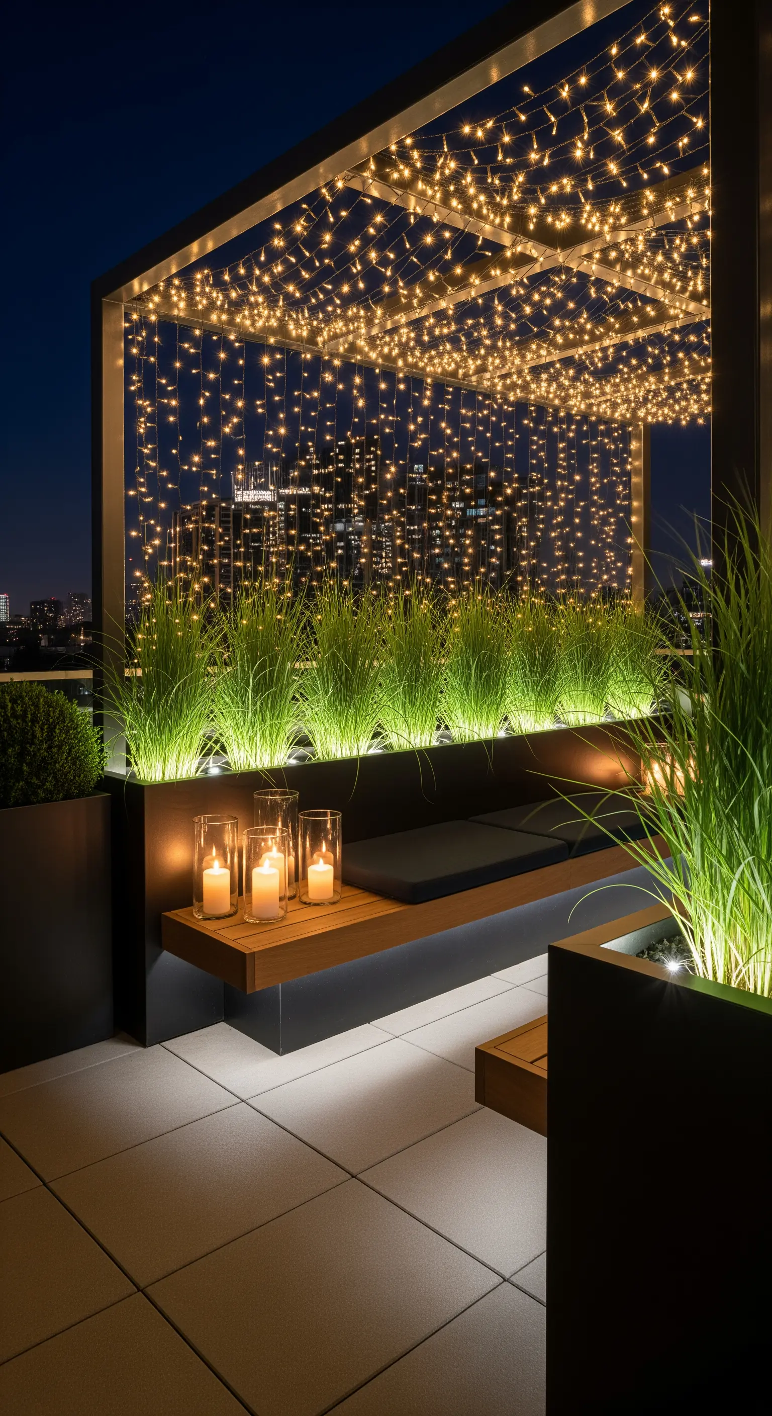 Terrazza moderna con pergola coperta da una cascata di lucine, piante illuminate e candele.