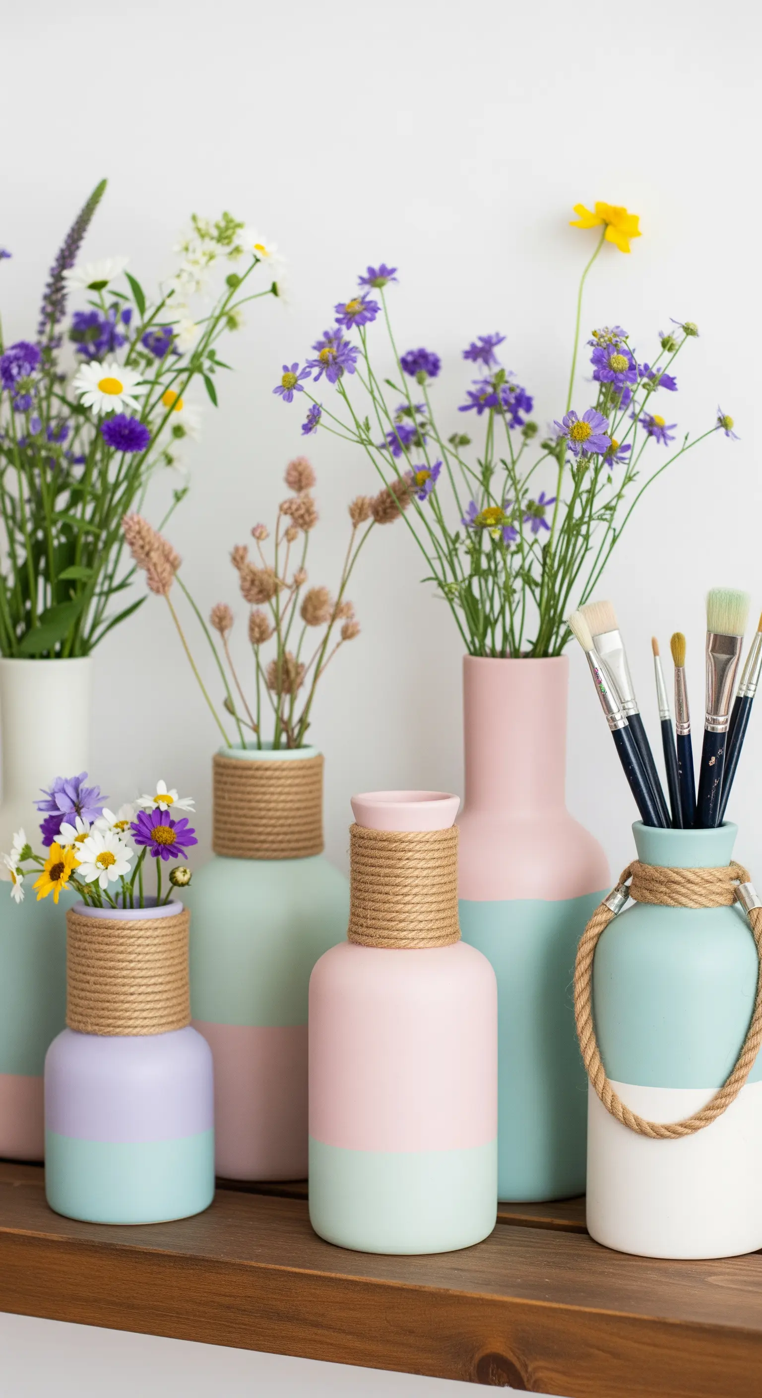 Collezione di vasi di diverse forme decorati con colori pastello e dettagli in corda.