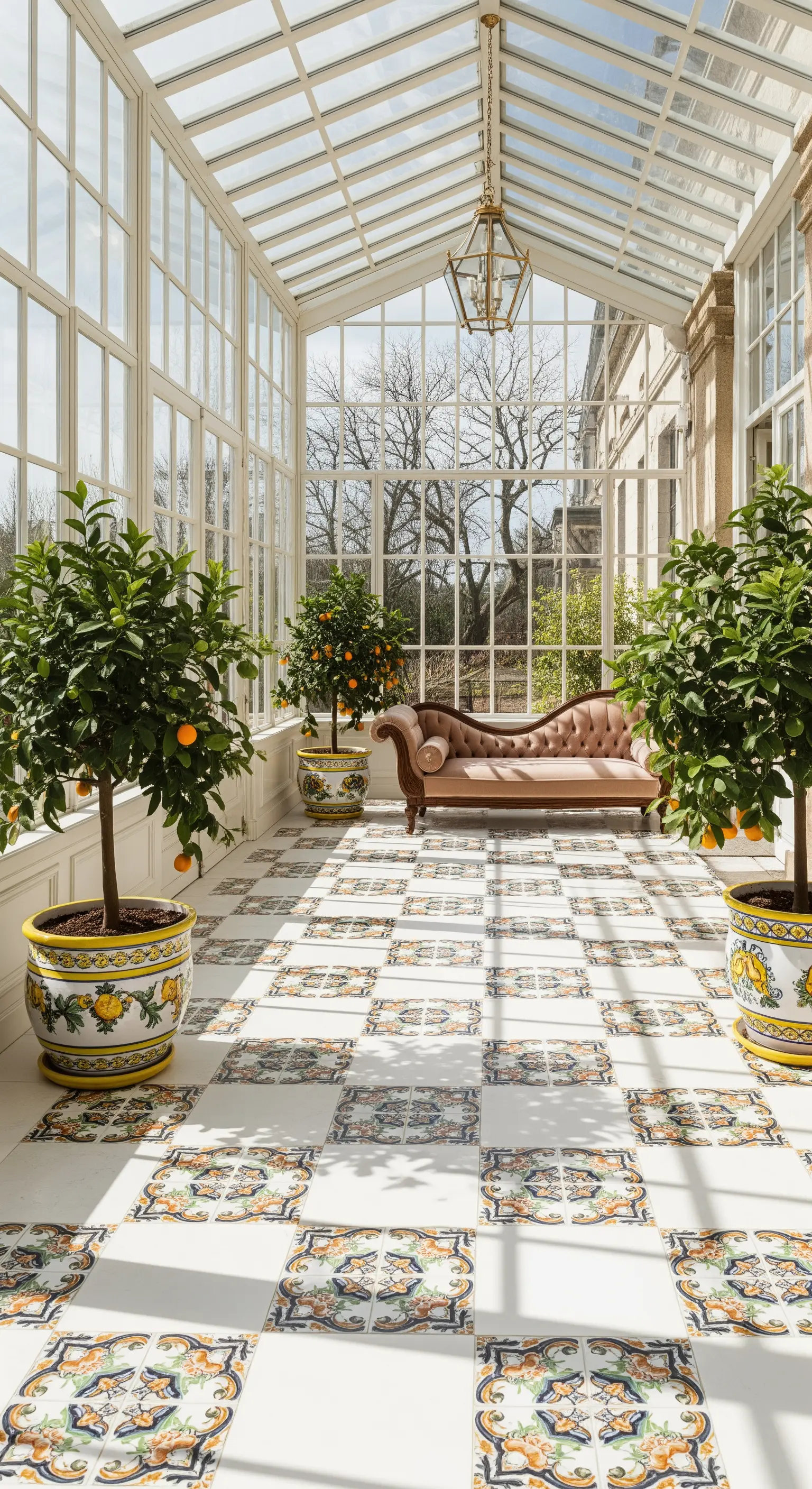 Veranda luminosa con pavimento a scacchiera, grandi finestre e alberi di agrumi in vasi decorati