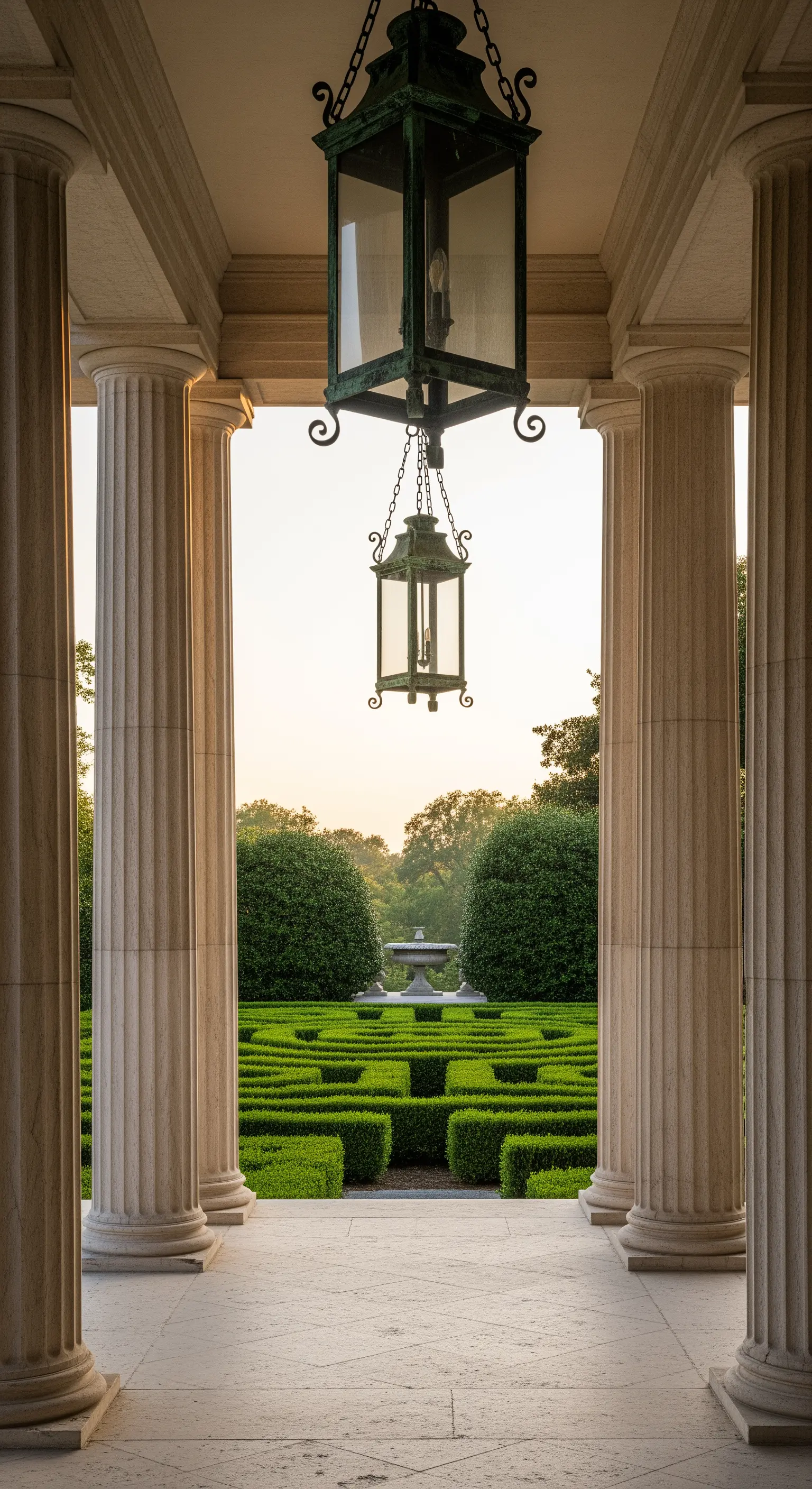 Vista da un portico con colonne verso un giardino formale con una fontana centrale al tramonto