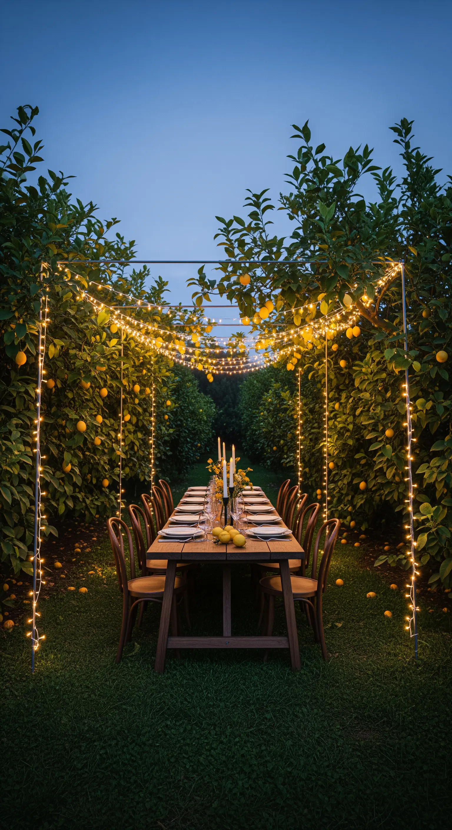 Tavolo da pranzo in un limoneto, con fili di luci tesi a creare un tunnel luminoso.