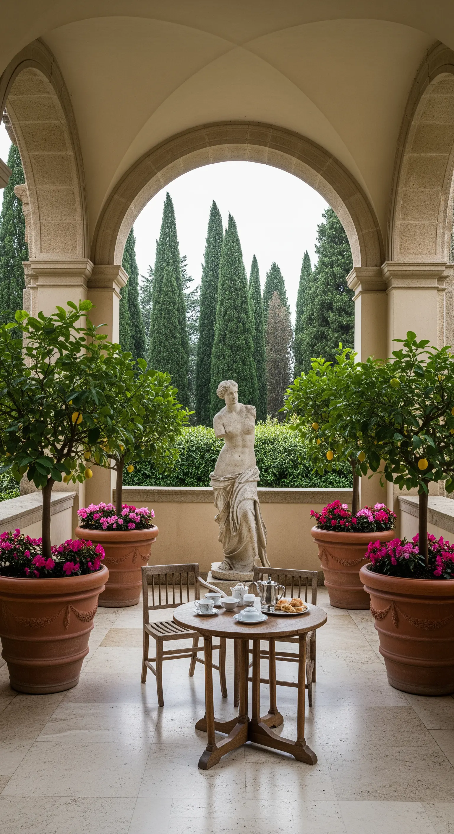 Patio sotto una loggia con statua di Venere, alberi di limone in vaso e tavolo in legno.