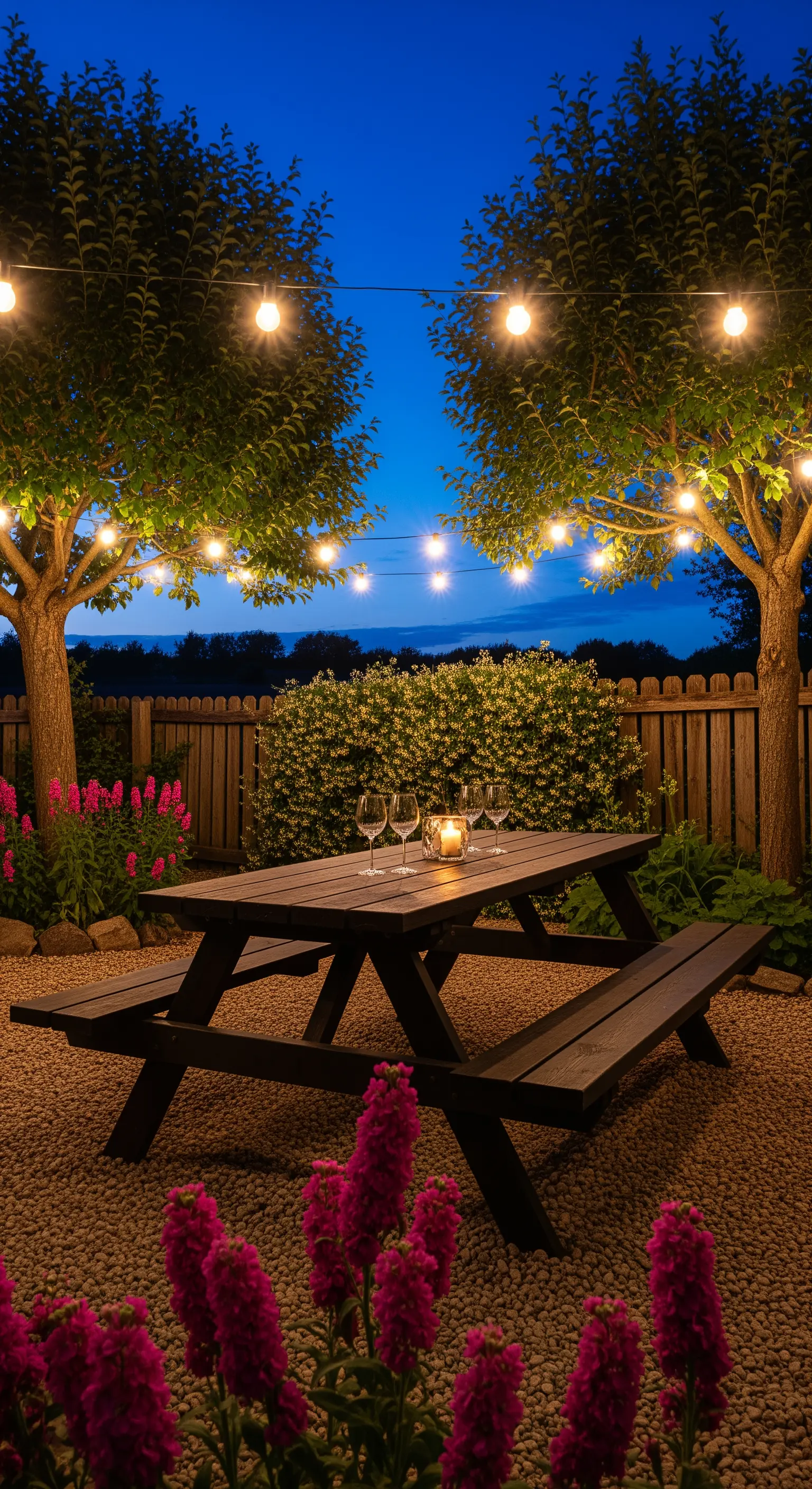 Tavolo da picnic scuro illuminato da fili di luci calde tra due alberi di notte.