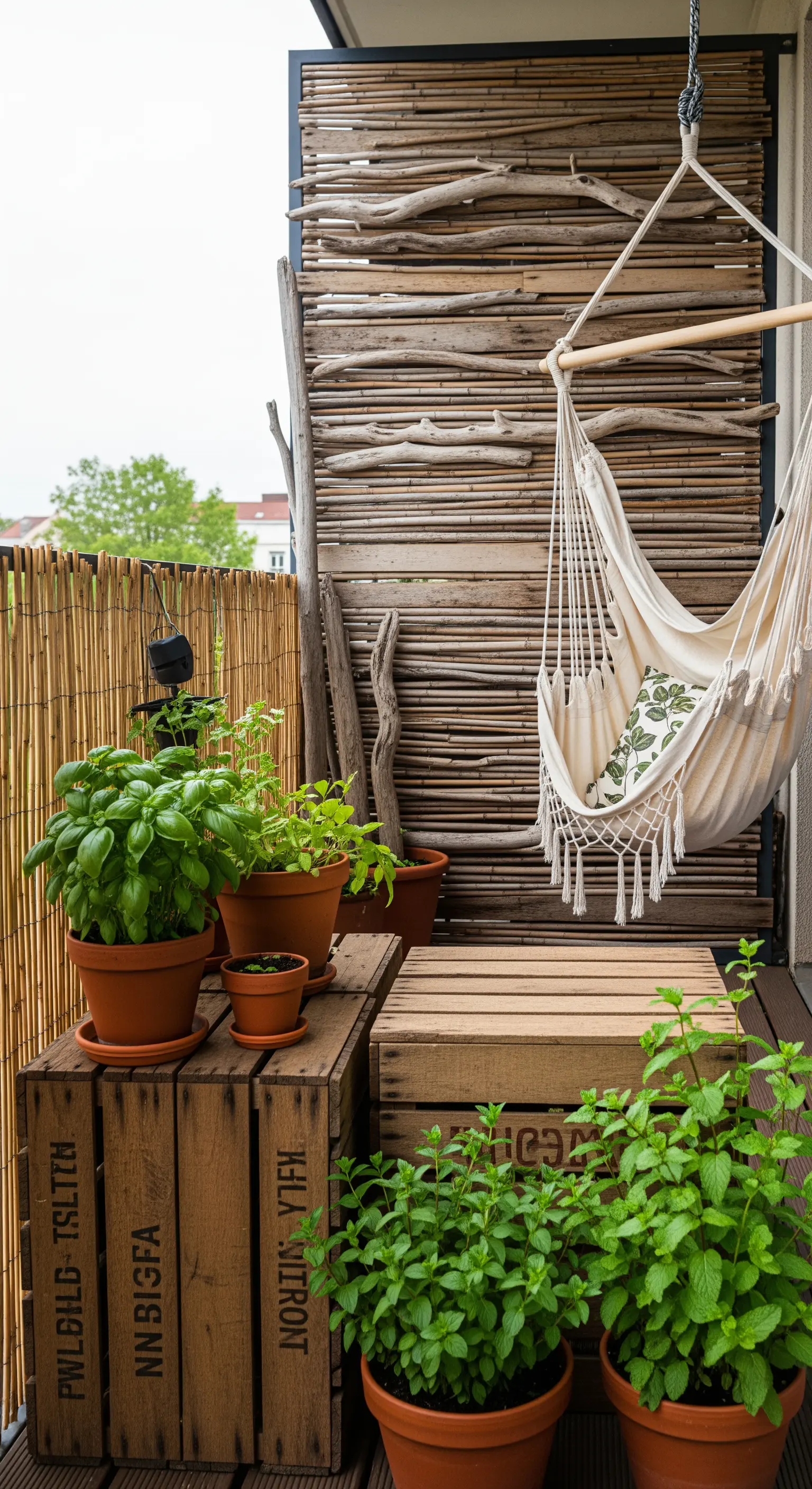 Balcone rustico con amaca, cassette di legno e una parete di bambù e rami.