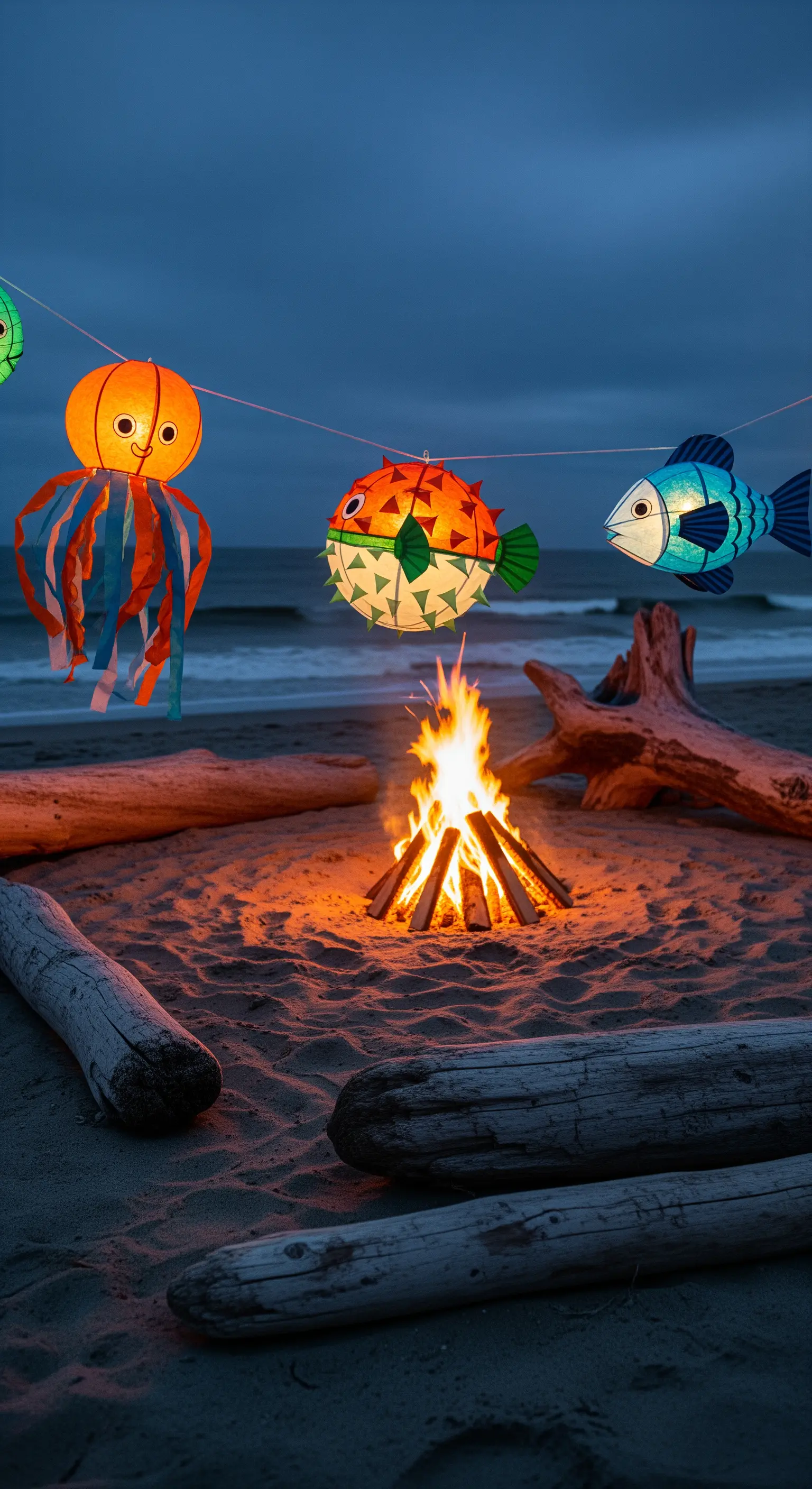 Lanterne a forma di pesce e polpo illuminate, appese su una spiaggia di notte attorno a un falò.