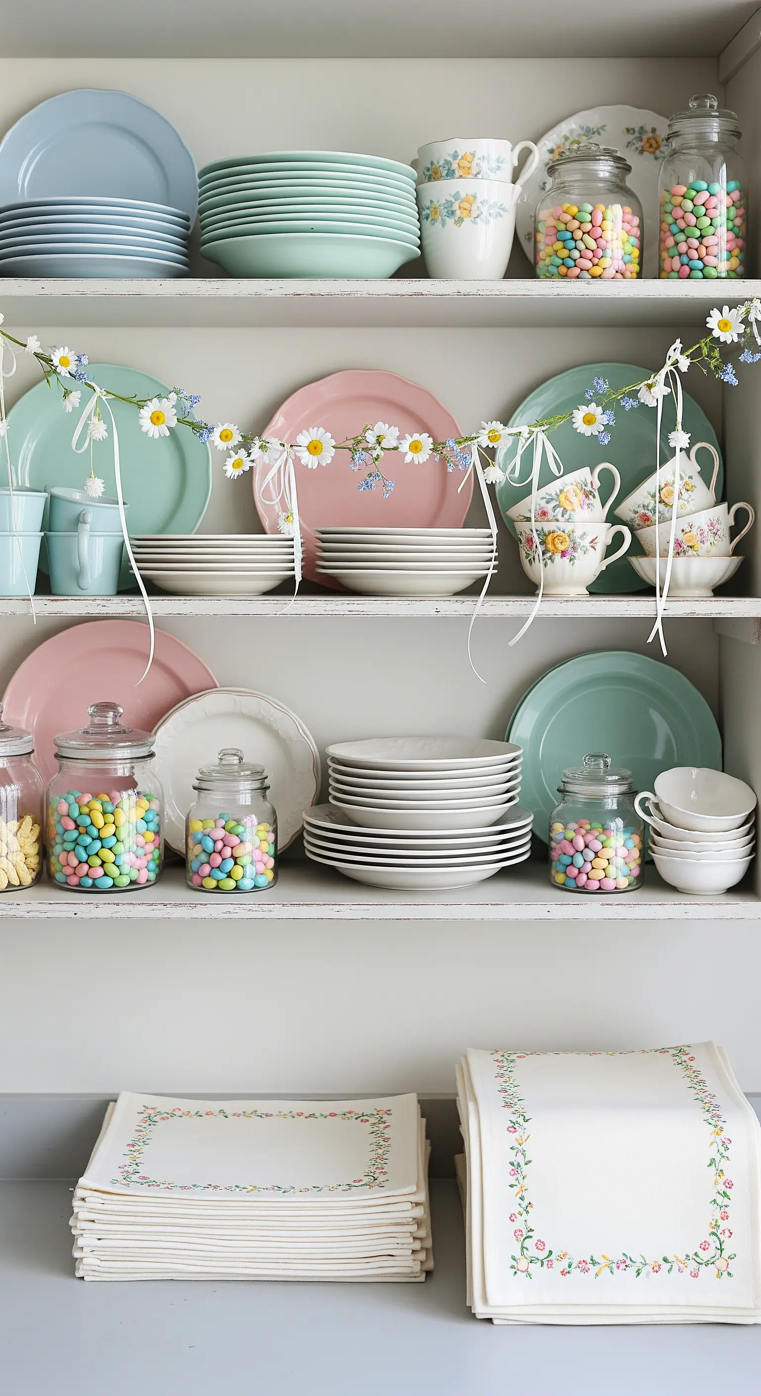 Mensole bianche con pile di piatti e tazze color pastello e barattoli di ovetti di zucchero.