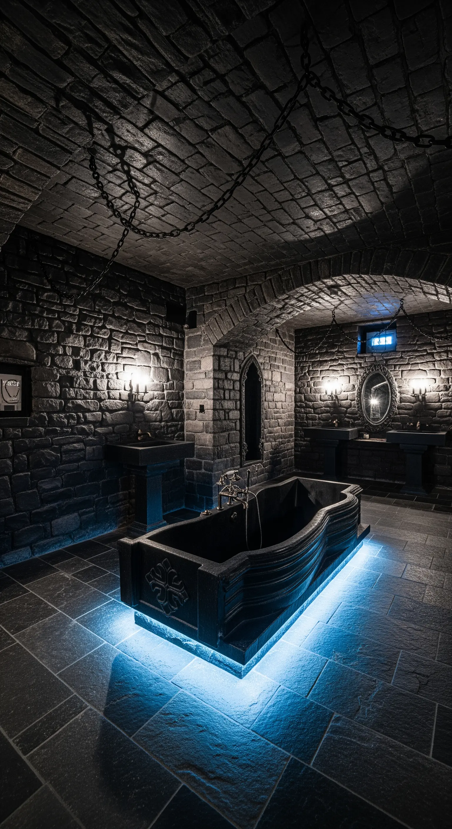 Bagno-cripta con pareti in pietra, vasca nera illuminata dal basso da una luce LED blu